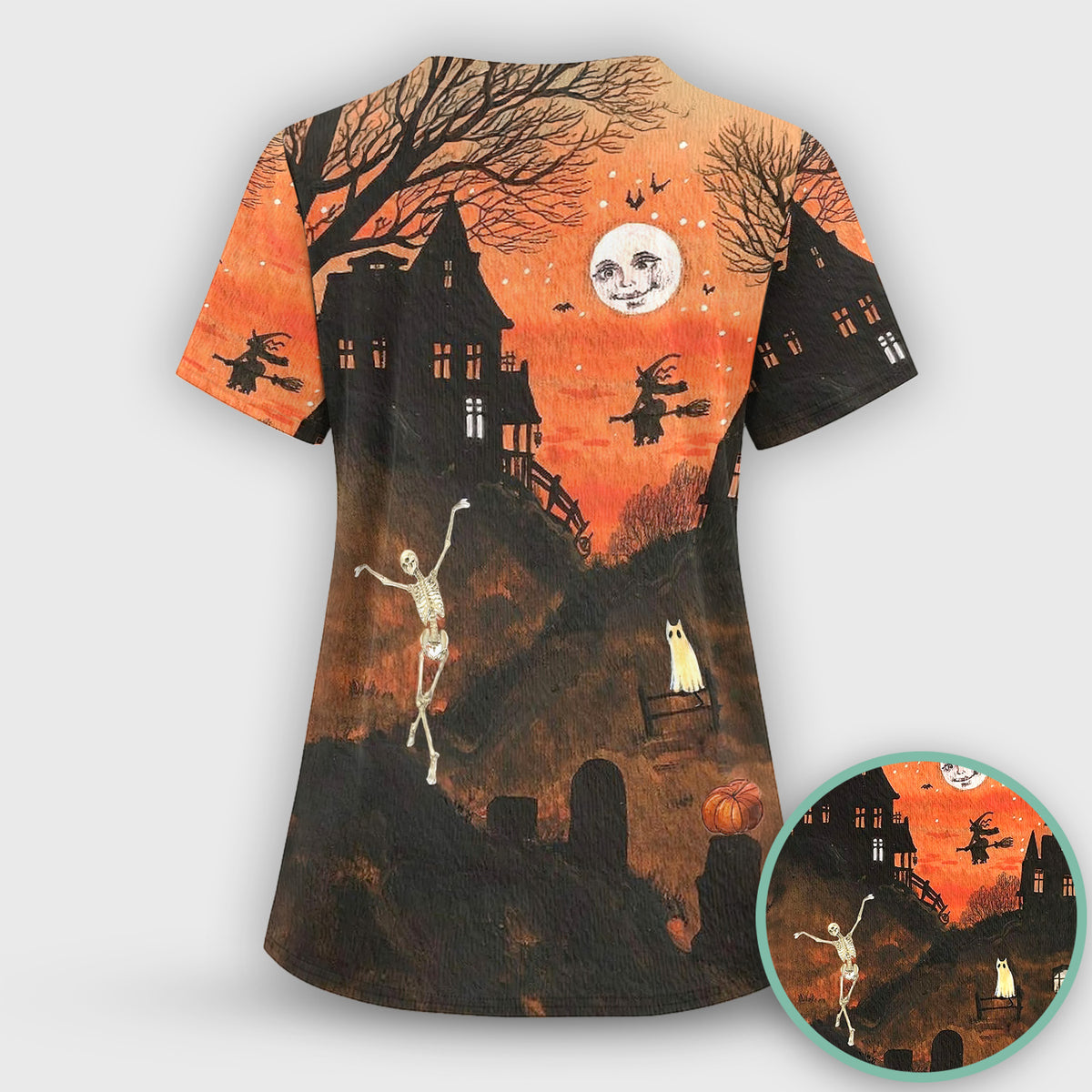 Halloween Haunted House Pattern Scrub Set, Scrub Pants and V Neck Top