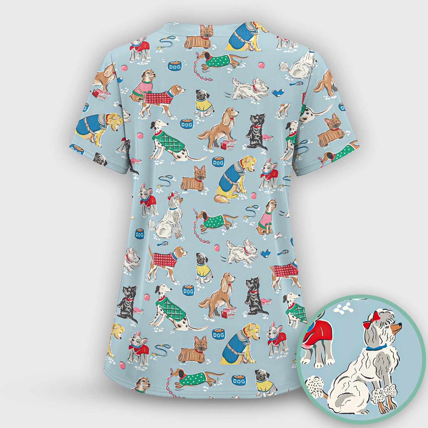 Cute Dog Wearing Sweater Playing Ball Pattern Scrub Set, Scrub Pants and V Neck Top