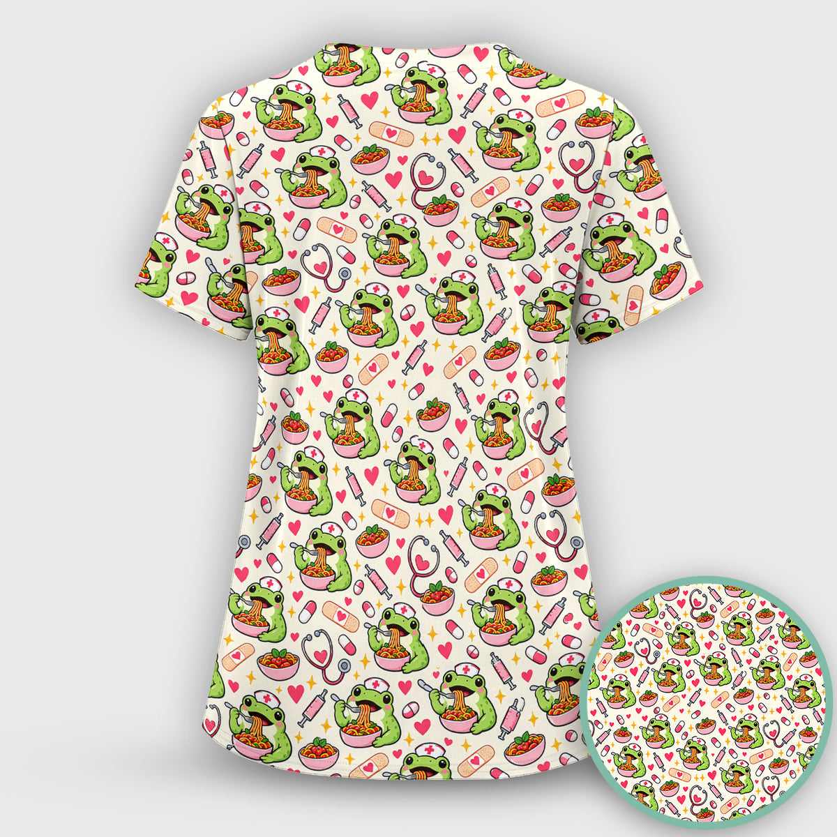 Cute Nurse Frogs Eating Noodles Pattern Scrub Set, Scrub Pants and V Neck Top
