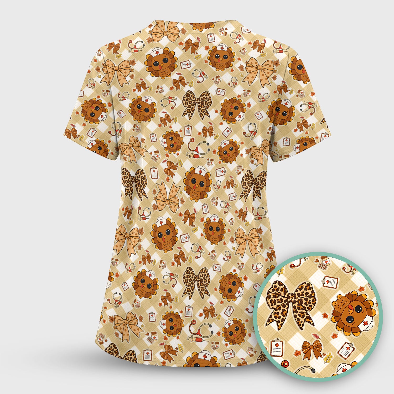 Thanksgiving Turkey Scrub Top for Nurses - Cute Fall Leaves and Bow Shirt - Funny Autumn Nursing Gift for Women RN LPN CNA