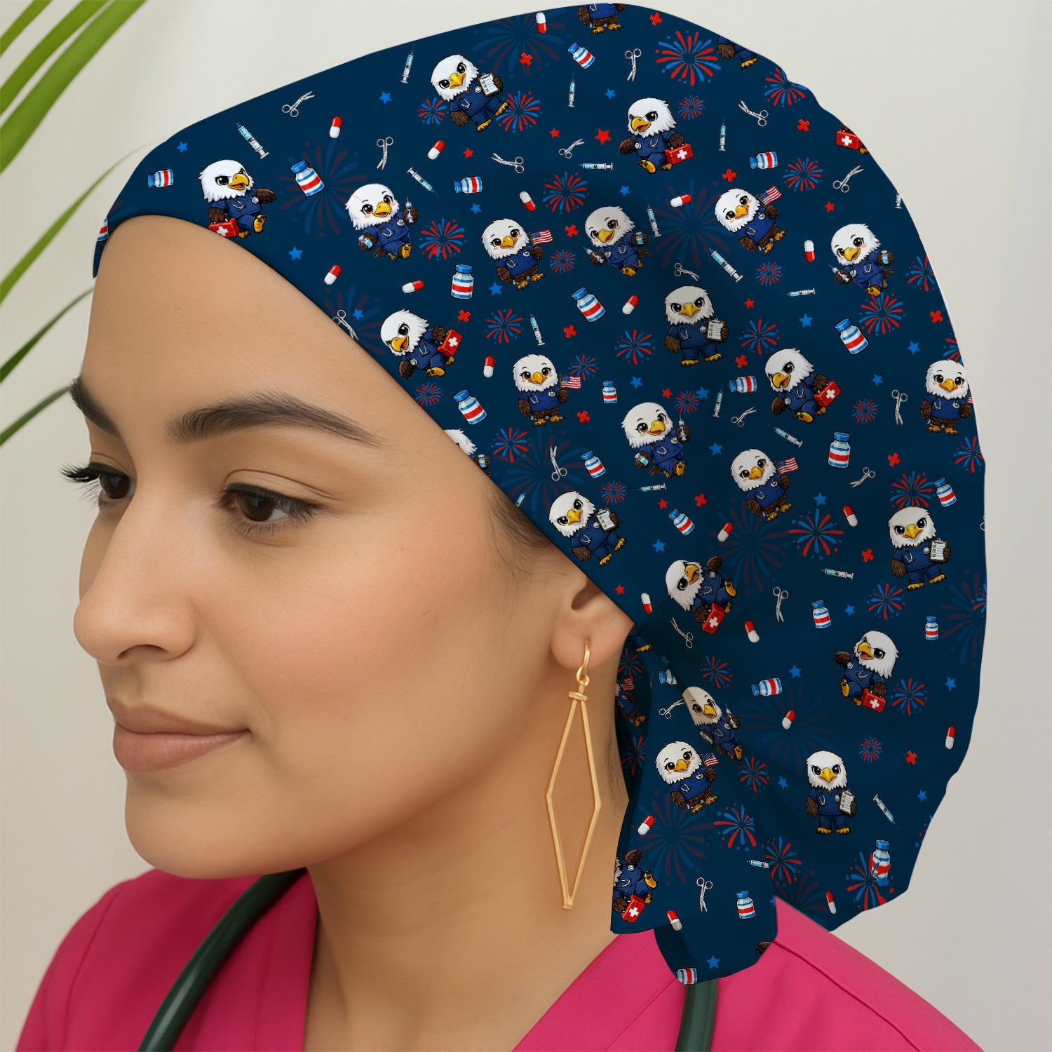 Patriotic Nurse Eagle Fireworks Medical Pattern Cap, Bouffant Scrub Caps for Women