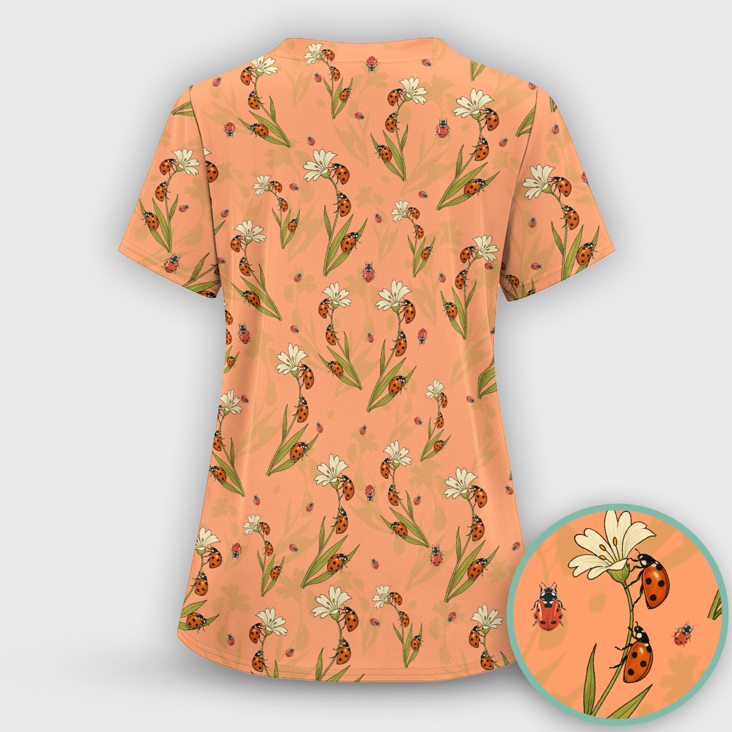 Fresh Daisy Ladybug Garden Pattern Scrub Top, Comfortable Scrubs For Nurses