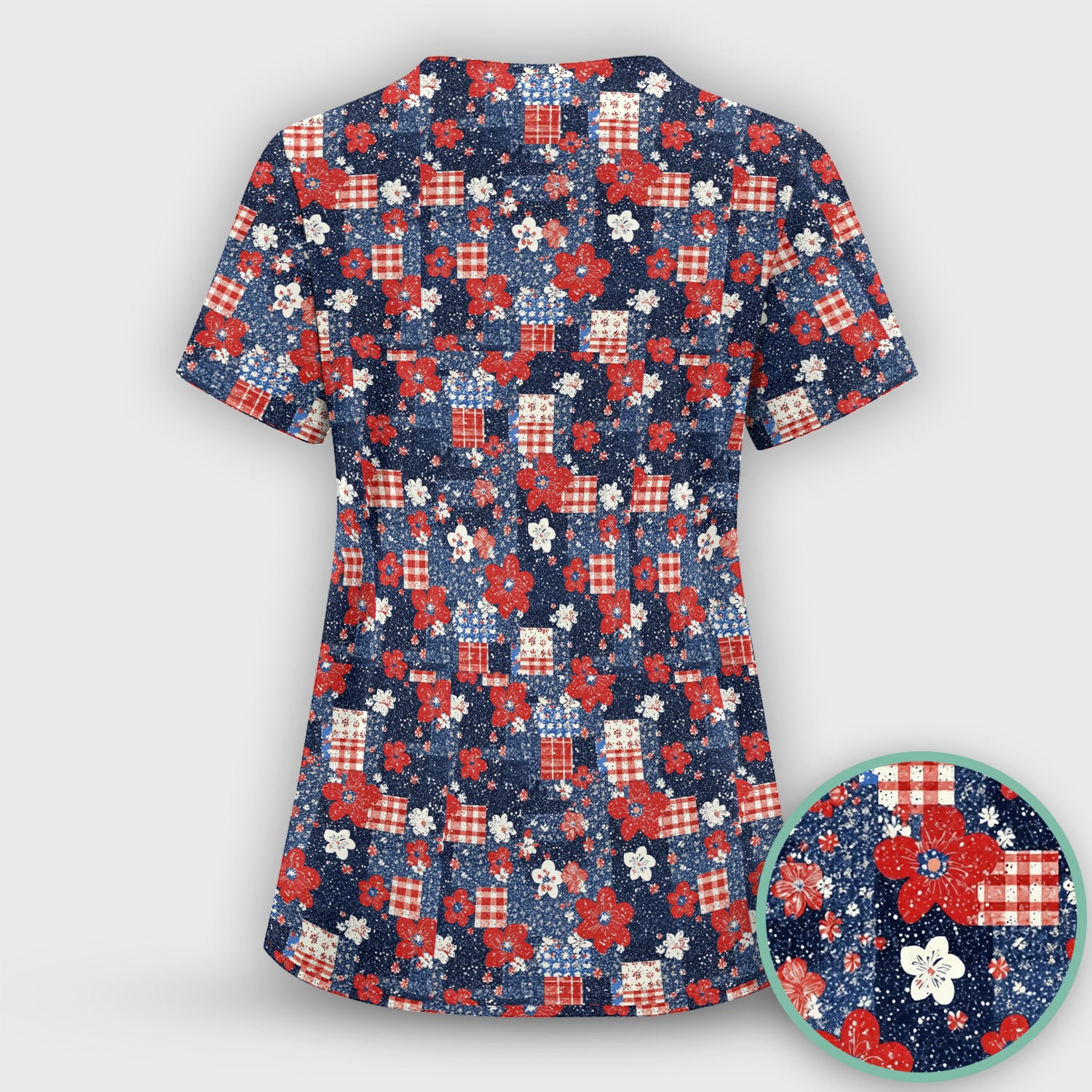 Patriotic Gingham Floral Patchwork Pattern Scrub Set, Scrub Pants and V Neck Top