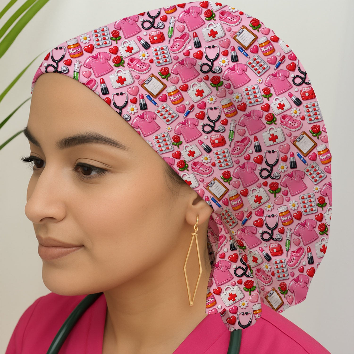 Medical Icons Scrub Cap, Cute Pattern Nurse Hat, Breathable Fabrics Nursing Uniform