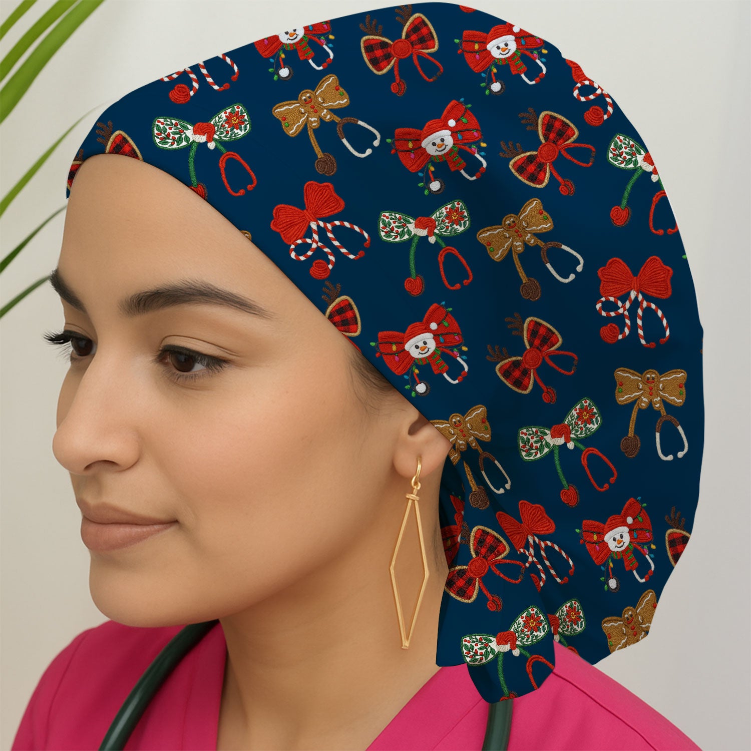 Christmas Stethoscope Bow Nurse Scrub Cap, Xmas Pattern Scrub Hat, Holiday Nursing Uniform