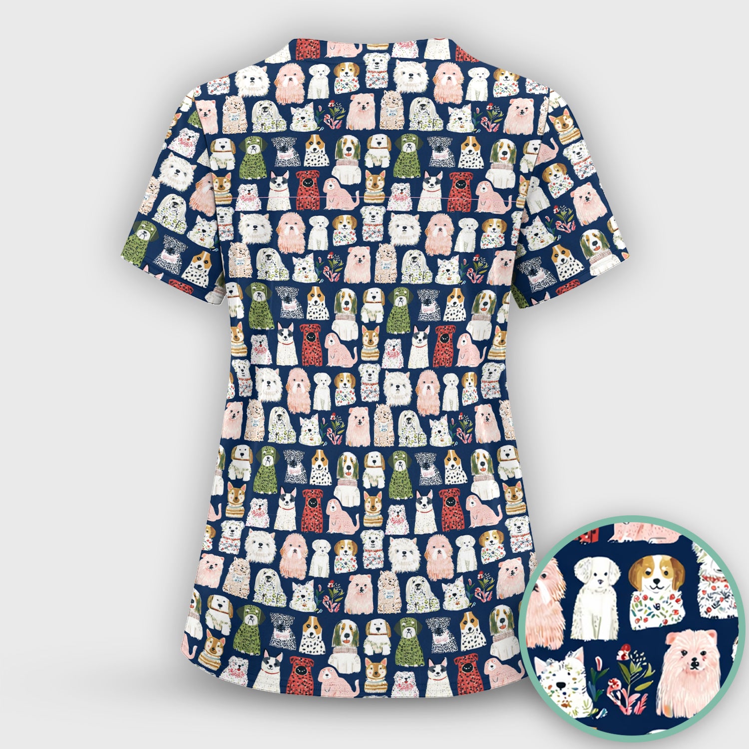 Cute Cartoon Dog Breeds Pattern Scrub Top, Comfortable Scrubs for Nurses
