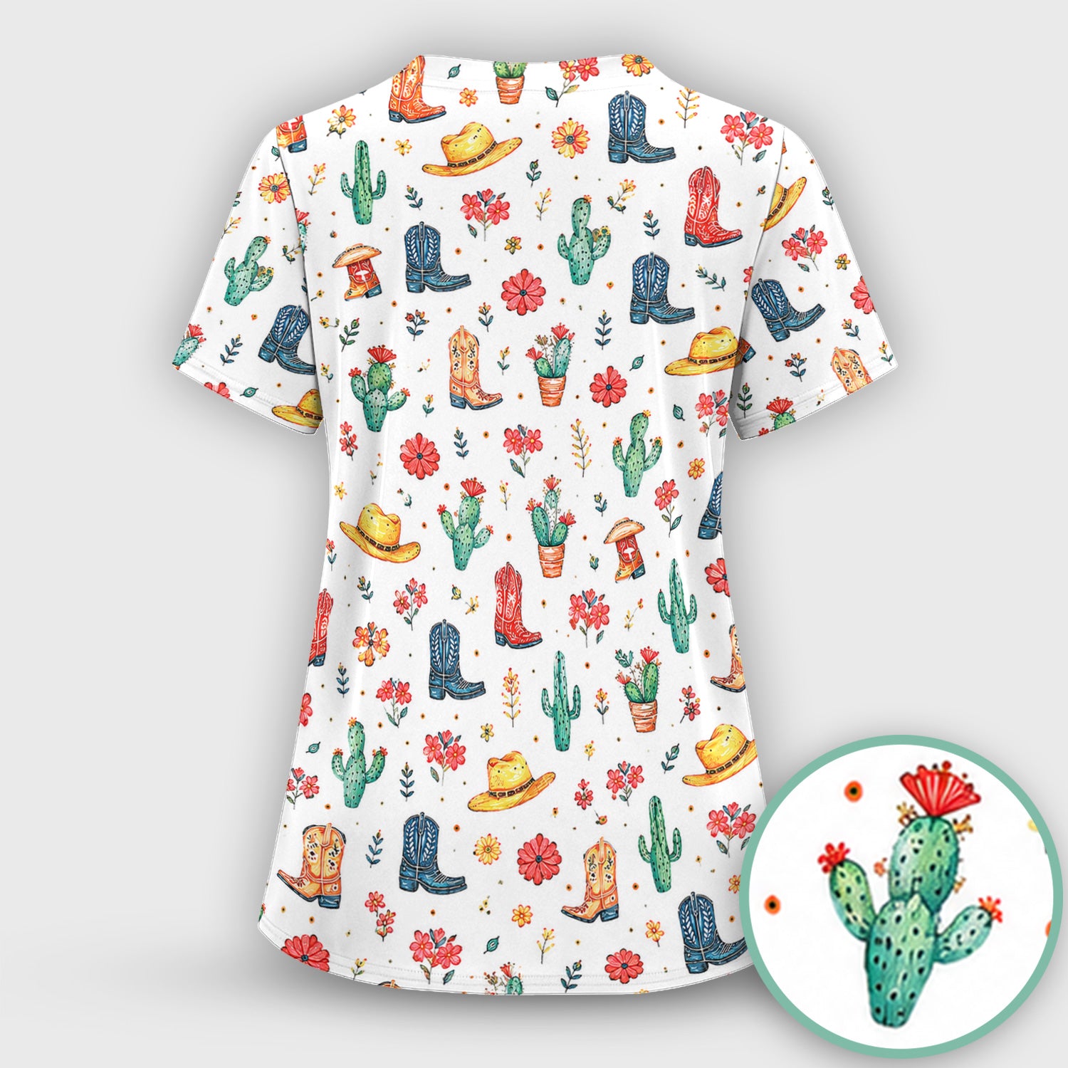 Whimsical Western Cactus Boots Pattern Scrub Top, Breathable Fabrics Nursing Uniform
