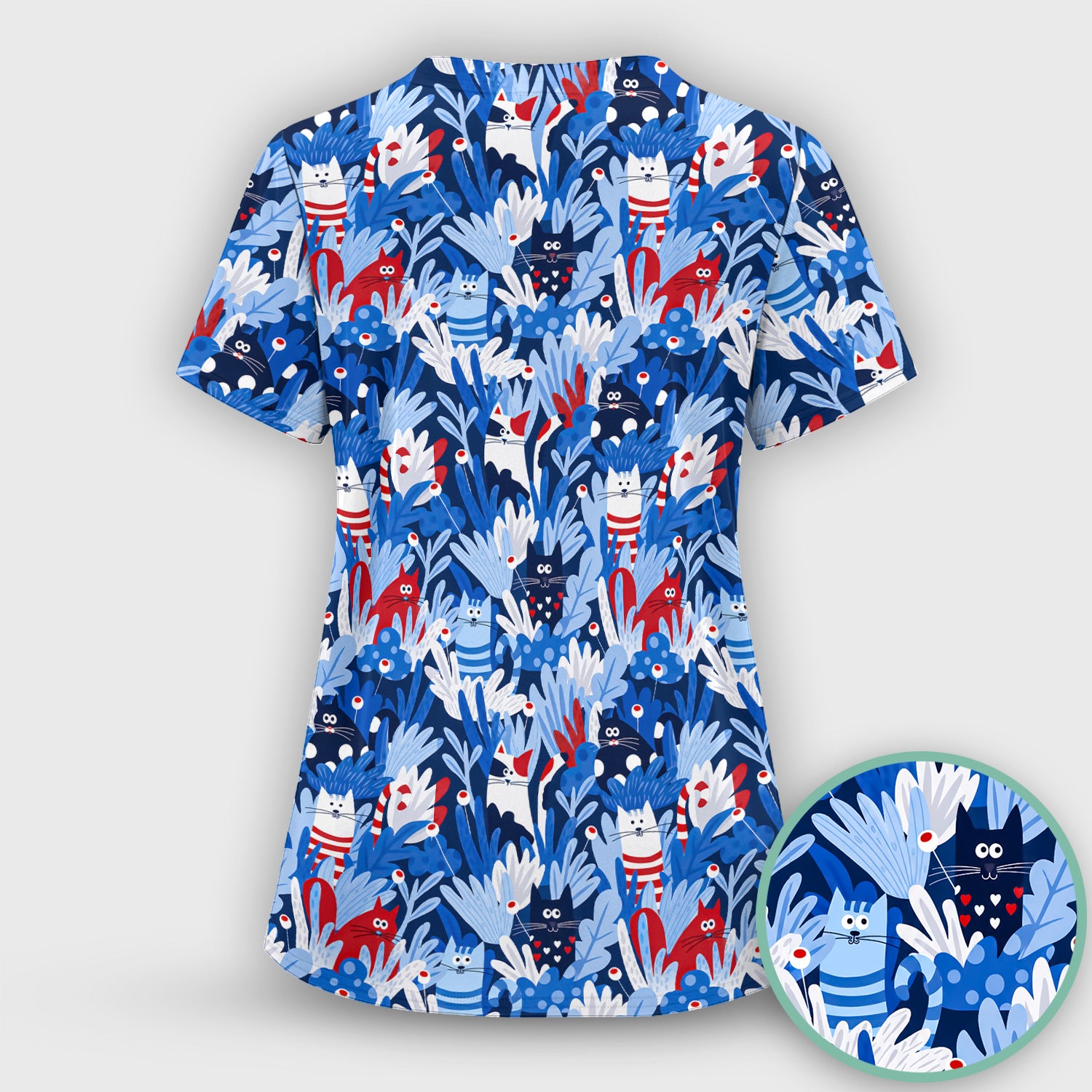 Cute Cats Among Blue Foliage Pattern Scrub Top, Comfortable Scrubs for Nurses