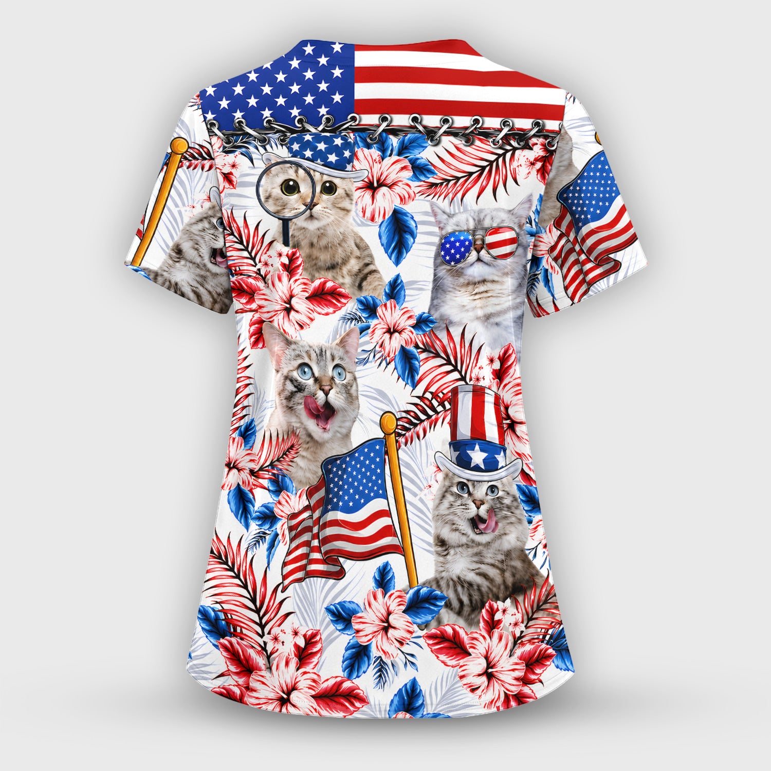 Patriotic Cat with USA Flag Scrub Top, Comfortable Scrubs for Nurses