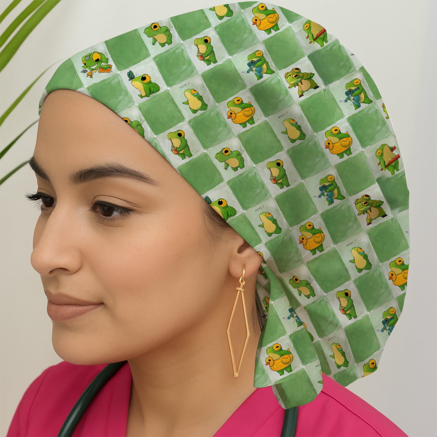 Cute Frog Duck Checkerboard Pattern Scrub Cap, Surgical Caps for Doctors