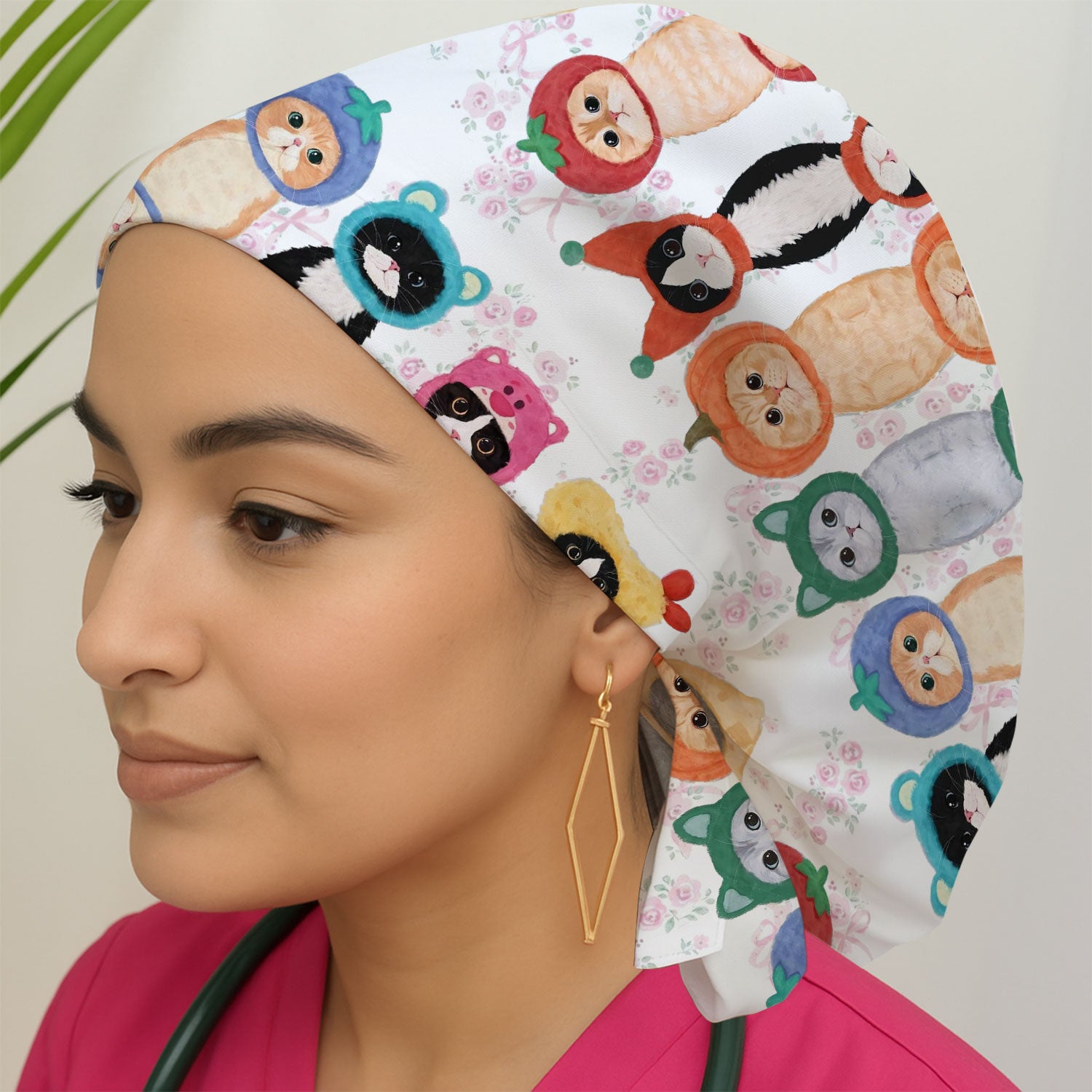 Funny Cartoon Cat Print Surgical Cap, Cute Scrub Caps for Nurses