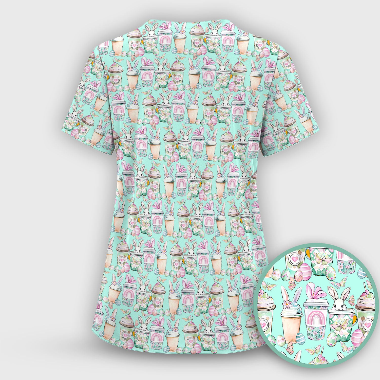 Cute Easter Bunny Coffee Cup Pattern Scrub Sets, Scrub Pants and V Neck Top
