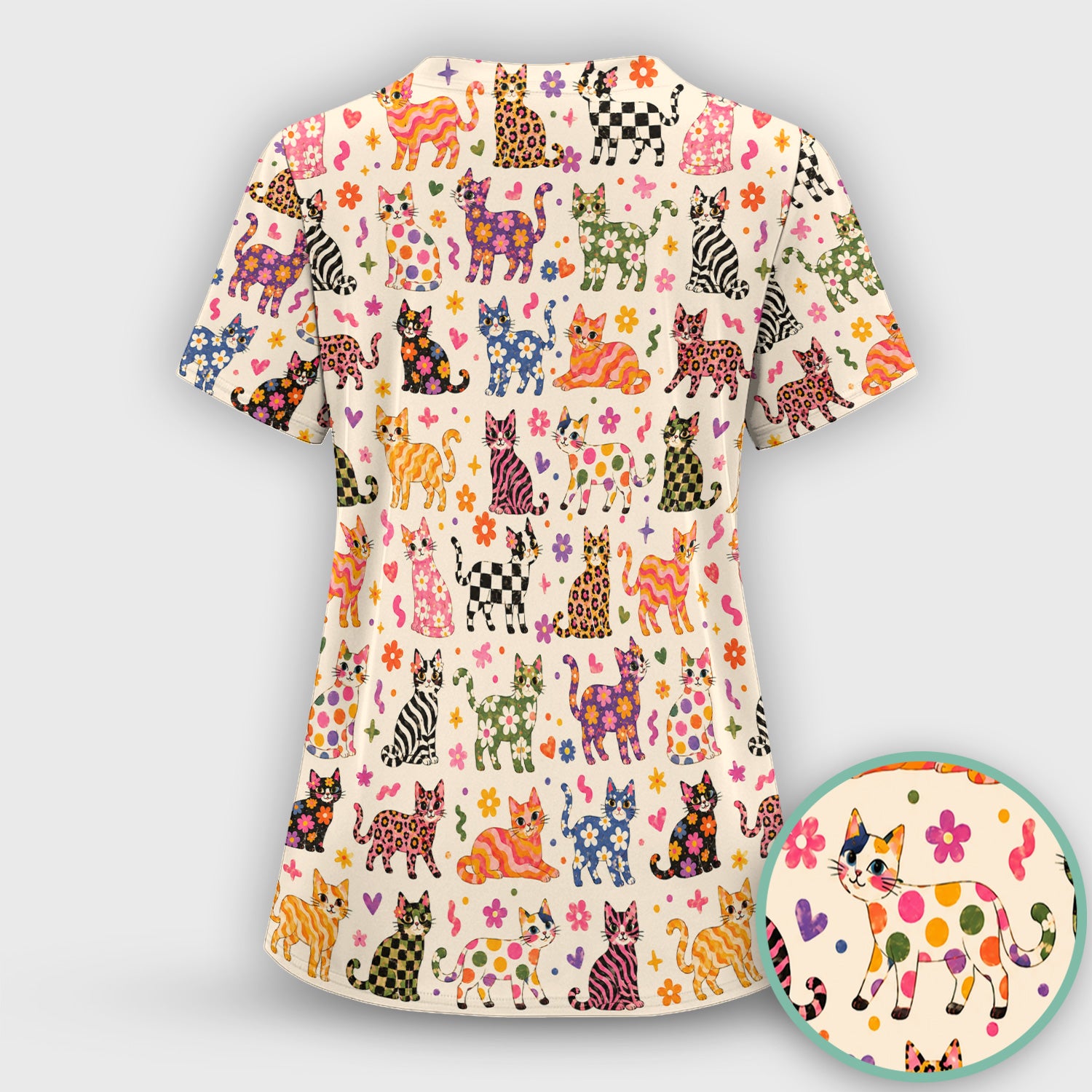 Colorful Cat with Floral Print Scrub Set, Scrub Pants and V Neck Top