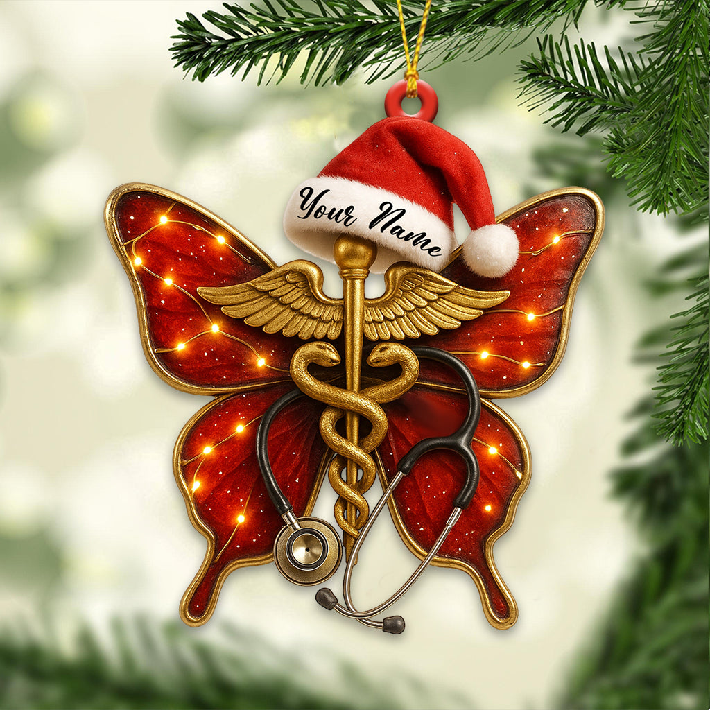 Personalized Butterfly Caduceus Nurse Ornament – Custom Name Medical Christmas Decor for Healthcare Workers