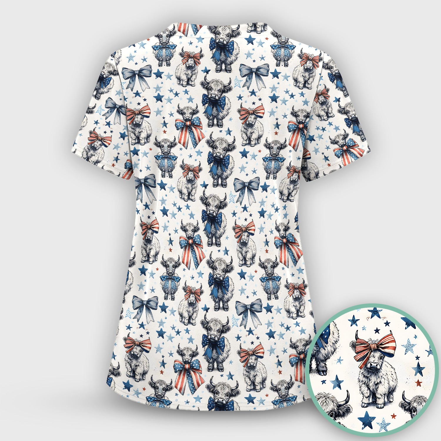 Patriotic Highland Cow Stars Pattern Scrub Top, Comfortable Scrubs for Nurses