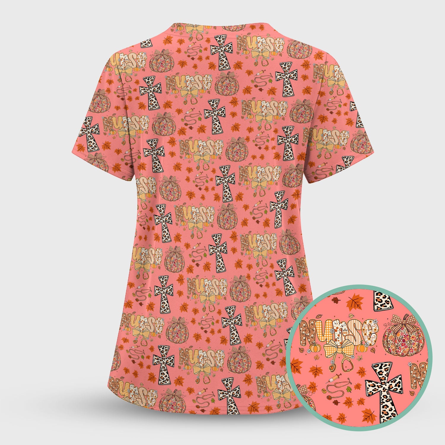 I Will Praise Him In Every Season - Boho Pumpkin Leopard Cross Fall Scrub Top for Nurse - Thanksgiving Med Uniform for Women