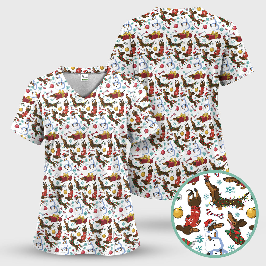 Funny Christmas Nurse Scrubs - Dachshund Dog & Snowman Print Top - Multi Color Custom Nursing Shirt Gift for Healthcare Workers