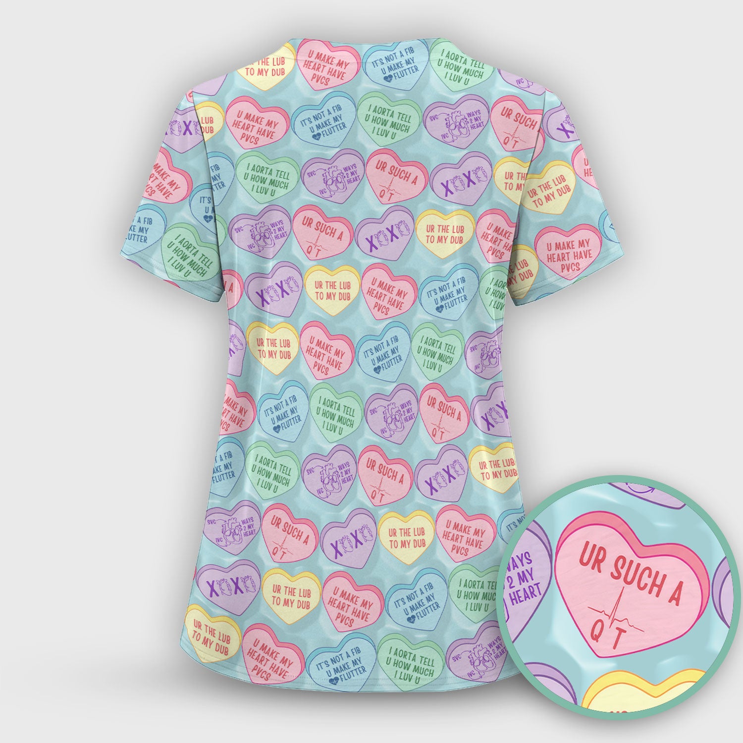 Medical Candy Heart Valentine Pattern Women’s Scrub Sets, Fun Medical Pattern, Breathable Med Uniform