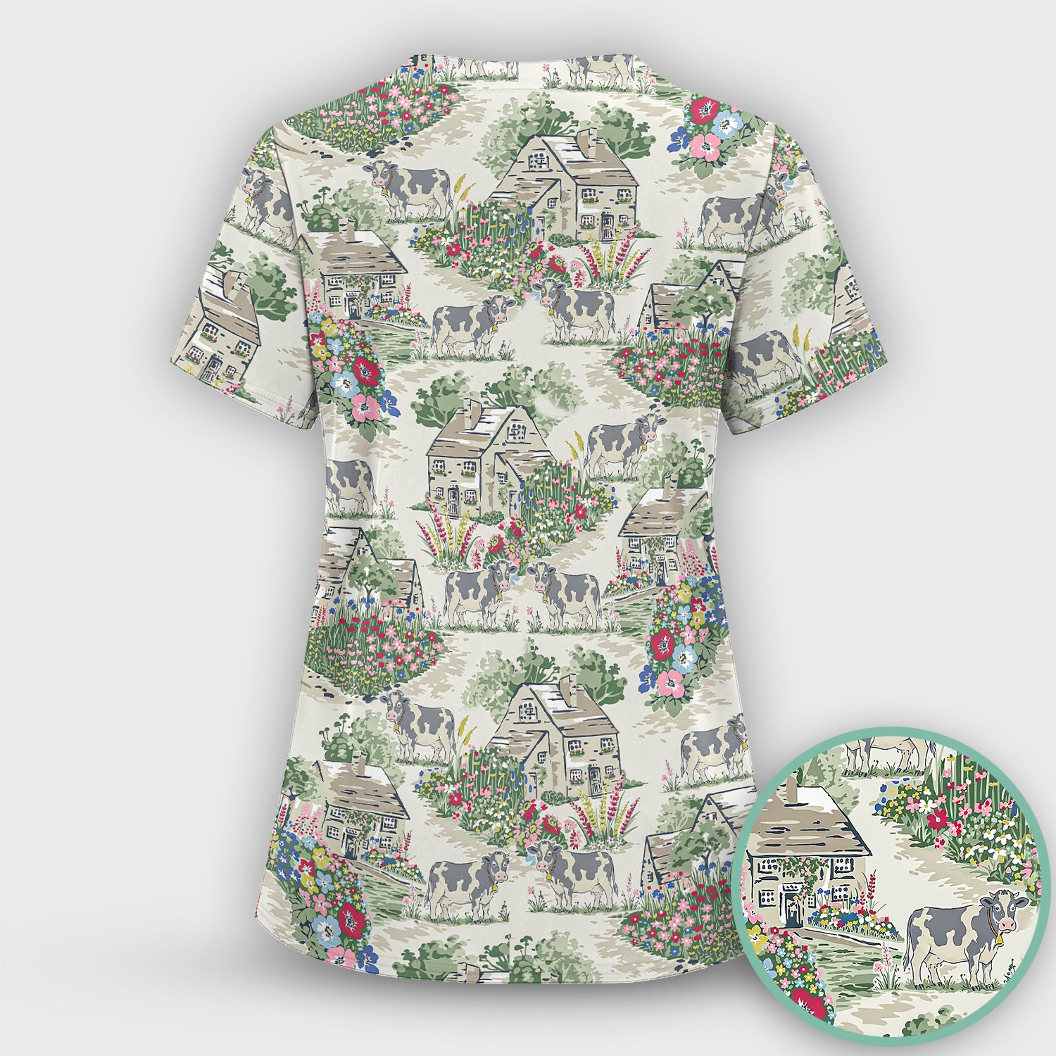 Charming Countryside Cows Cottage Garden Pattern Scrub Top, Comfortable Scrubs for Nurses
