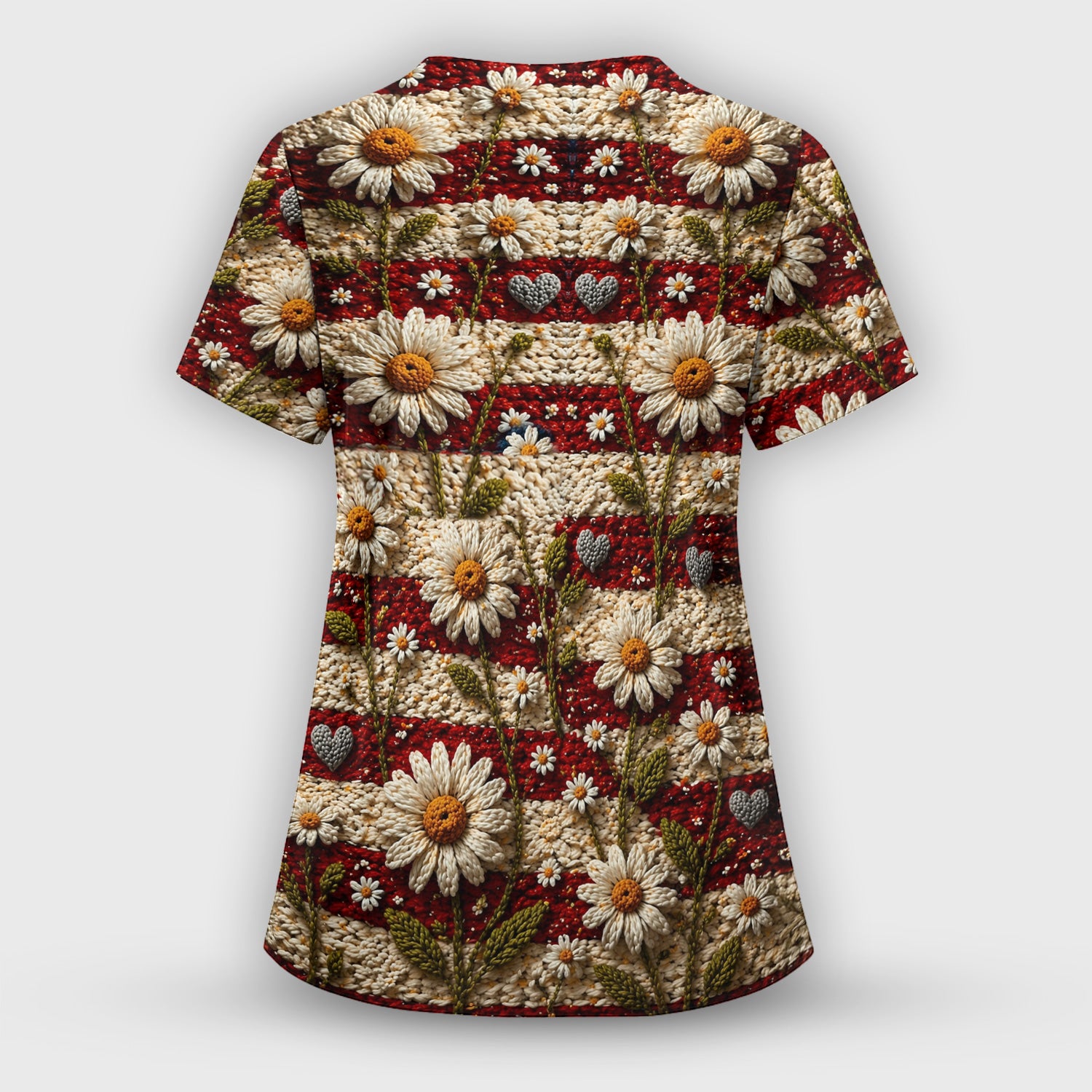 American Flag Daisy Floral Knit Texture Pattern Scrub Top, Breathable Fabrics Nursing Uniform
