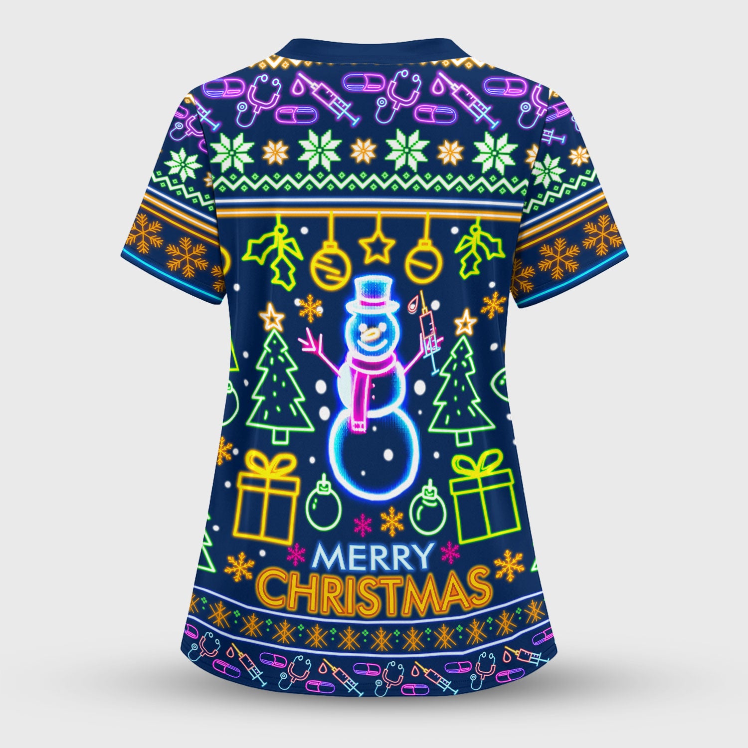 Neon Snowman Christmas Scrub Top for Nurses - Merry Christmas Holiday Lights Pattern - Funny Festive Medical Uniform for RN LPN CNA
