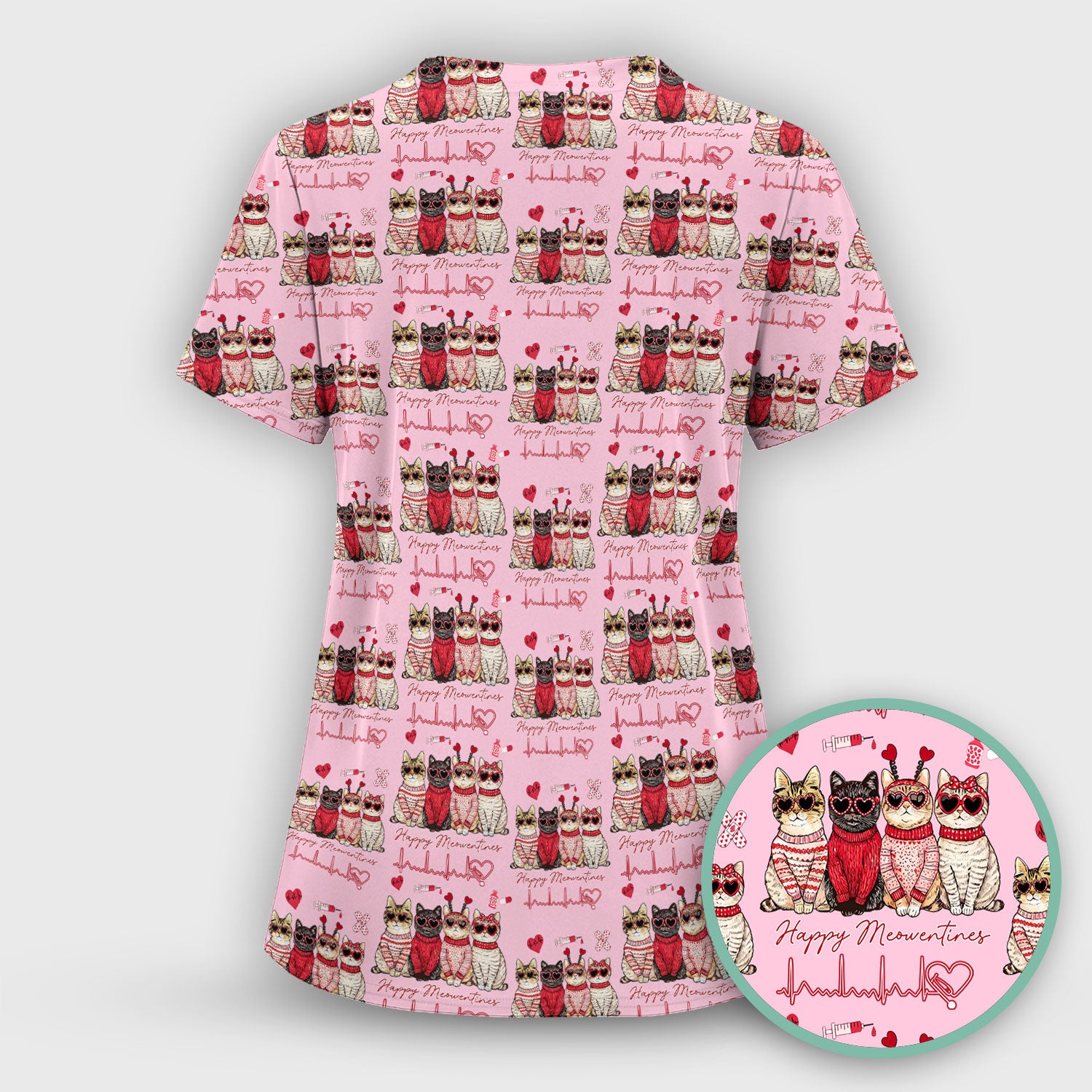 Happy Meowtines Cat Pattern Scrub Top, Valentine Cat Lover Nurse Scrub Shirt, Heartbeat Medical Pattern Nursing Uniform