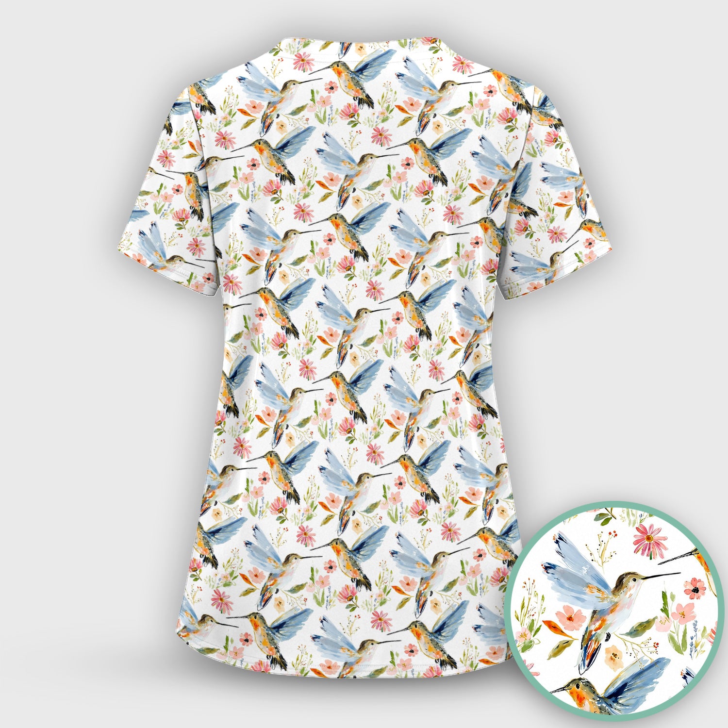 Watercolor Hummingbird Floral Pattern Scrub Set, Scrub Pants and V Neck Top