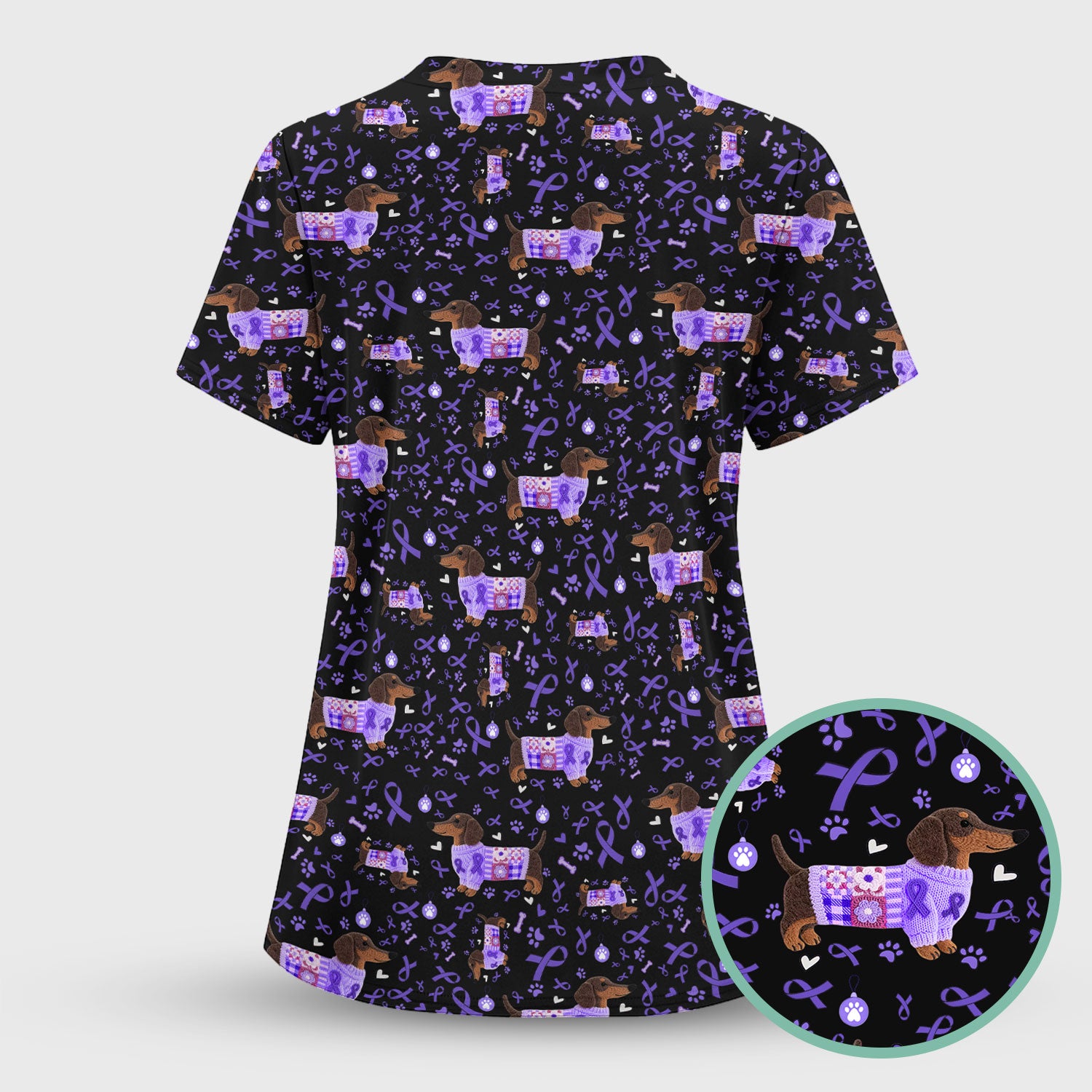 Purple Ribbon Dachshund Scrub Top for Nurses - Cute Awareness Dog Paw Prints - Support Lupus Cancer Med Uniform Gift for Women