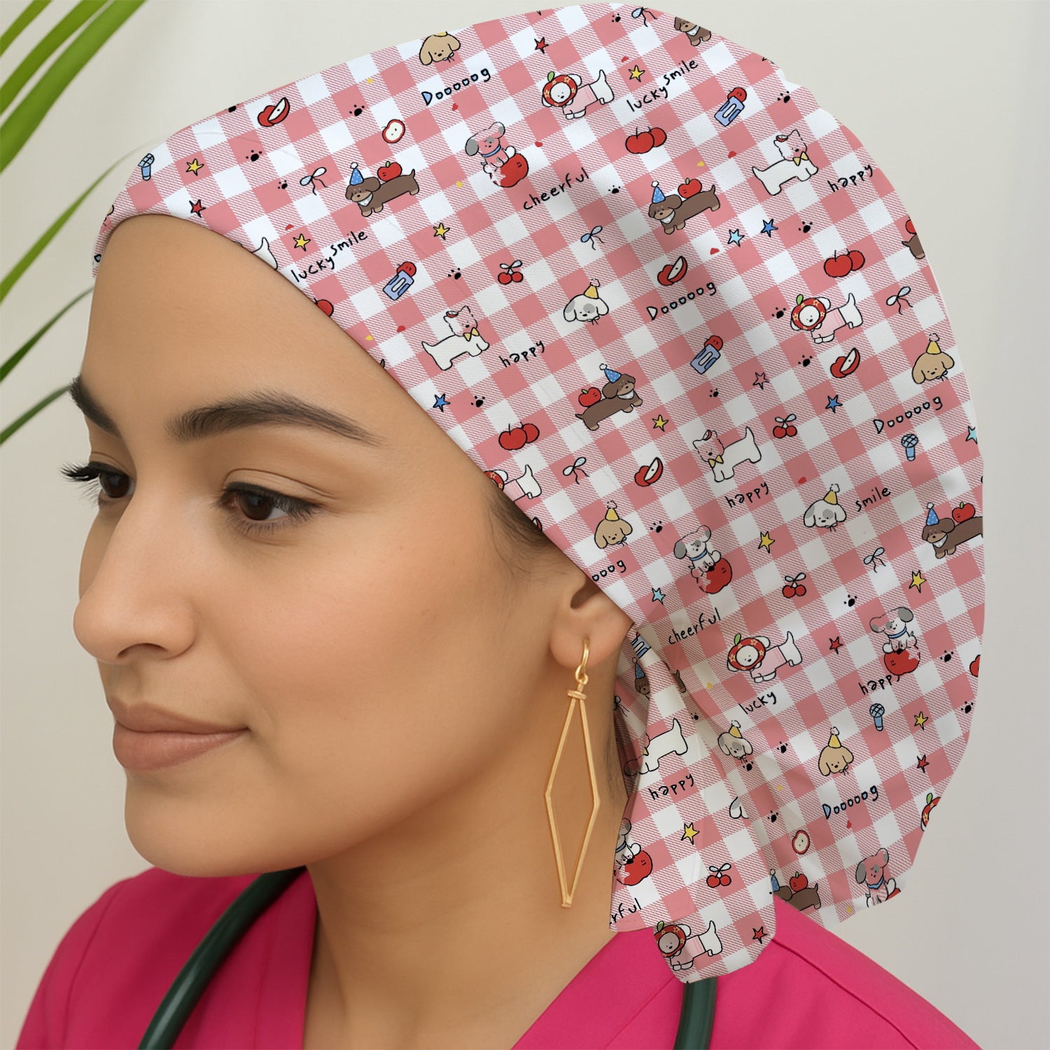 Cute Nurse Cartoon Puppy Apple Gingham Scrub Cap, Surgical Caps for Doctors
