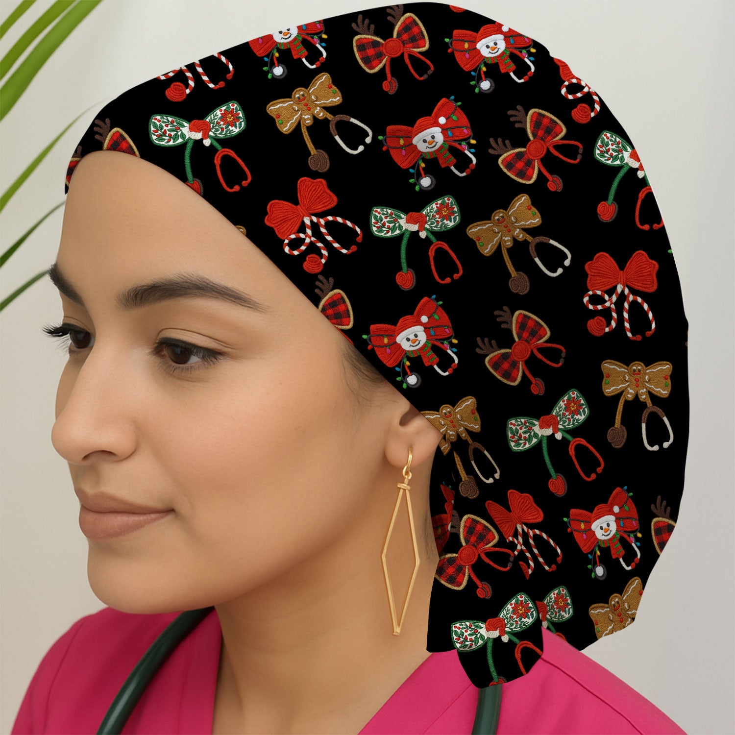 Christmas Stethoscope Bow Nurse Scrub Cap, Xmas Pattern Scrub Hat, Holiday Nursing Uniform