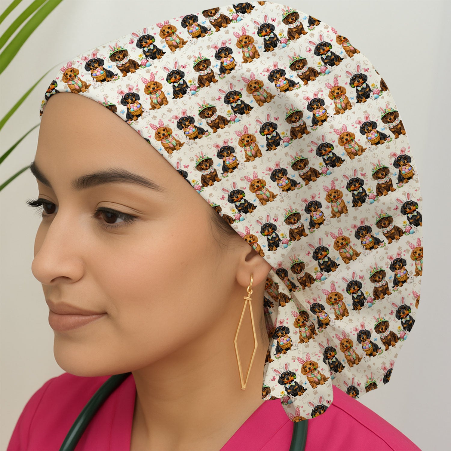 Cute Easter Dachshund Dog Bunny Print Bouffant Cap, Surgical Caps for Doctors