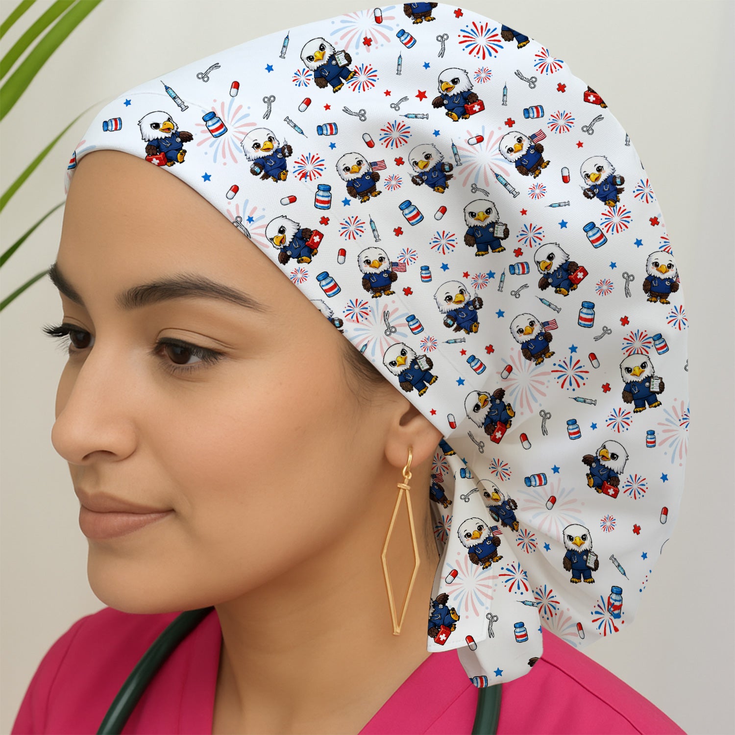 Patriotic Nurse Eagle Fireworks Medical Pattern Cap, Bouffant Scrub Caps for Women