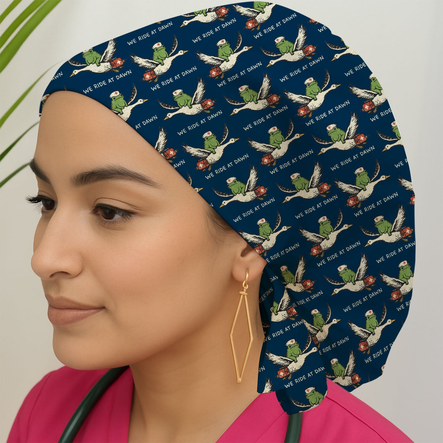 Funny Frog Riding Goose Nurse Pattern Cap, Bouffant Scrub Caps for Women