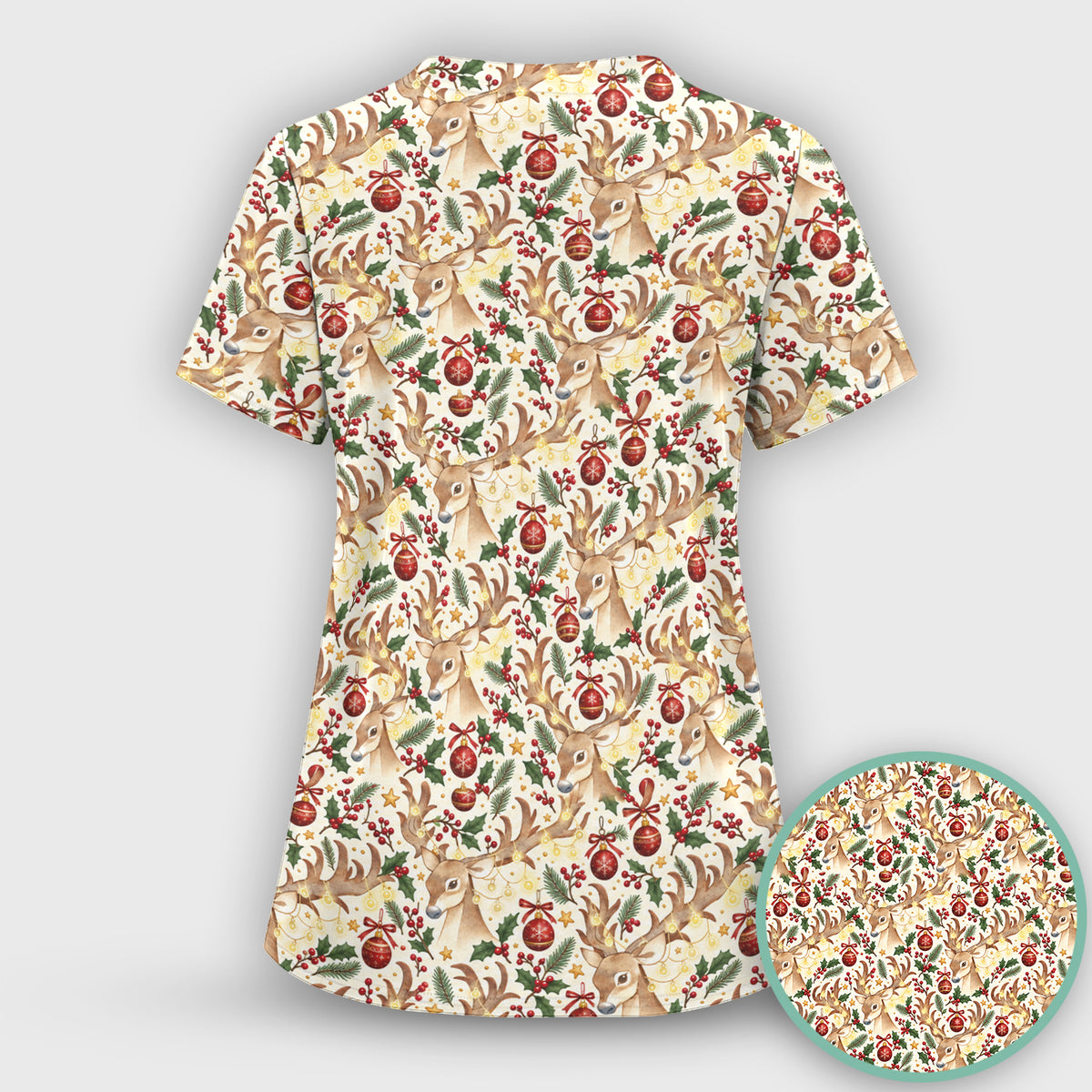 Christmas Reindeer And Holly Scrub Set, Scrub Pants and V Neck Top