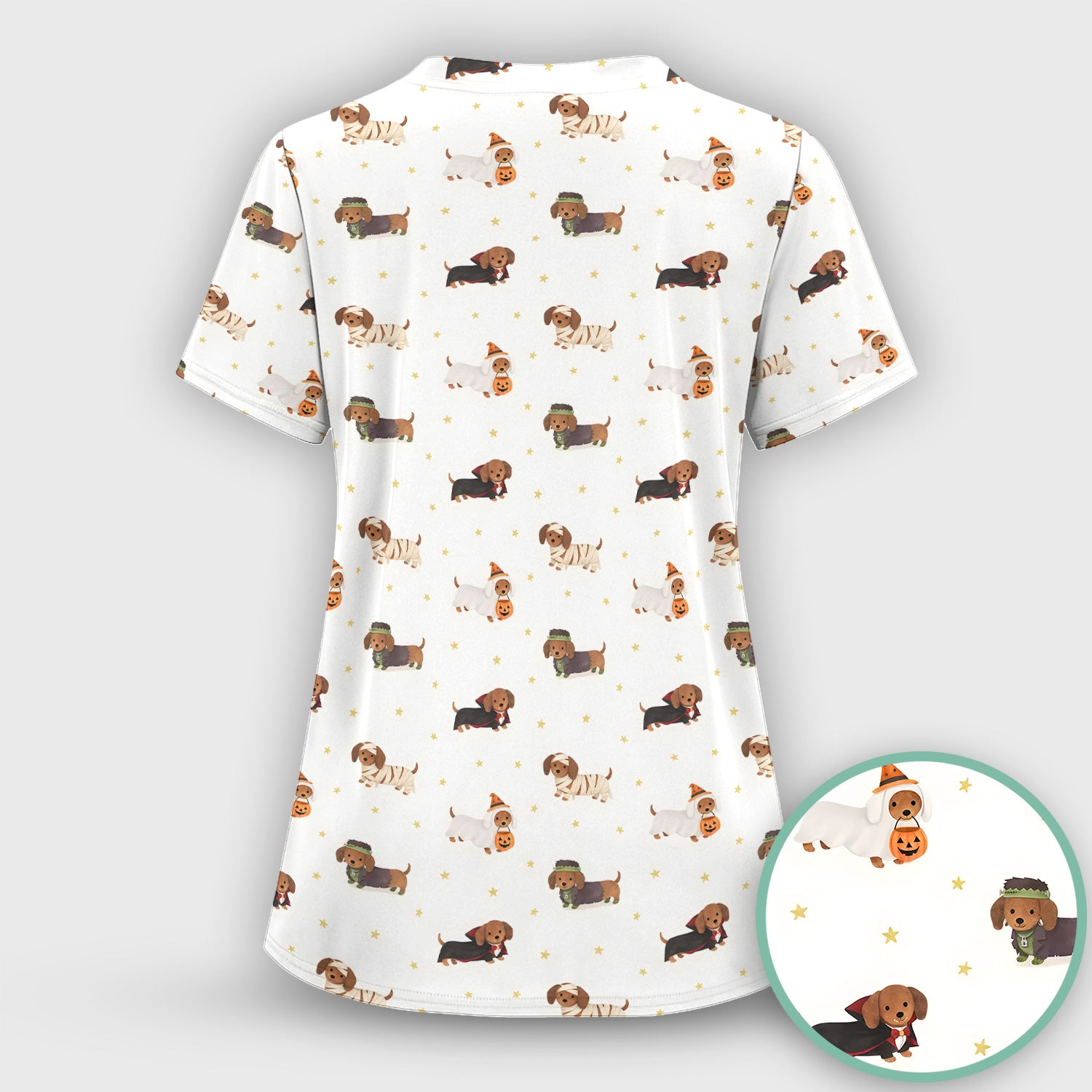 Halloween Dachshund Costumes Print Scrub Set, Scrub Pants and V Neck Top