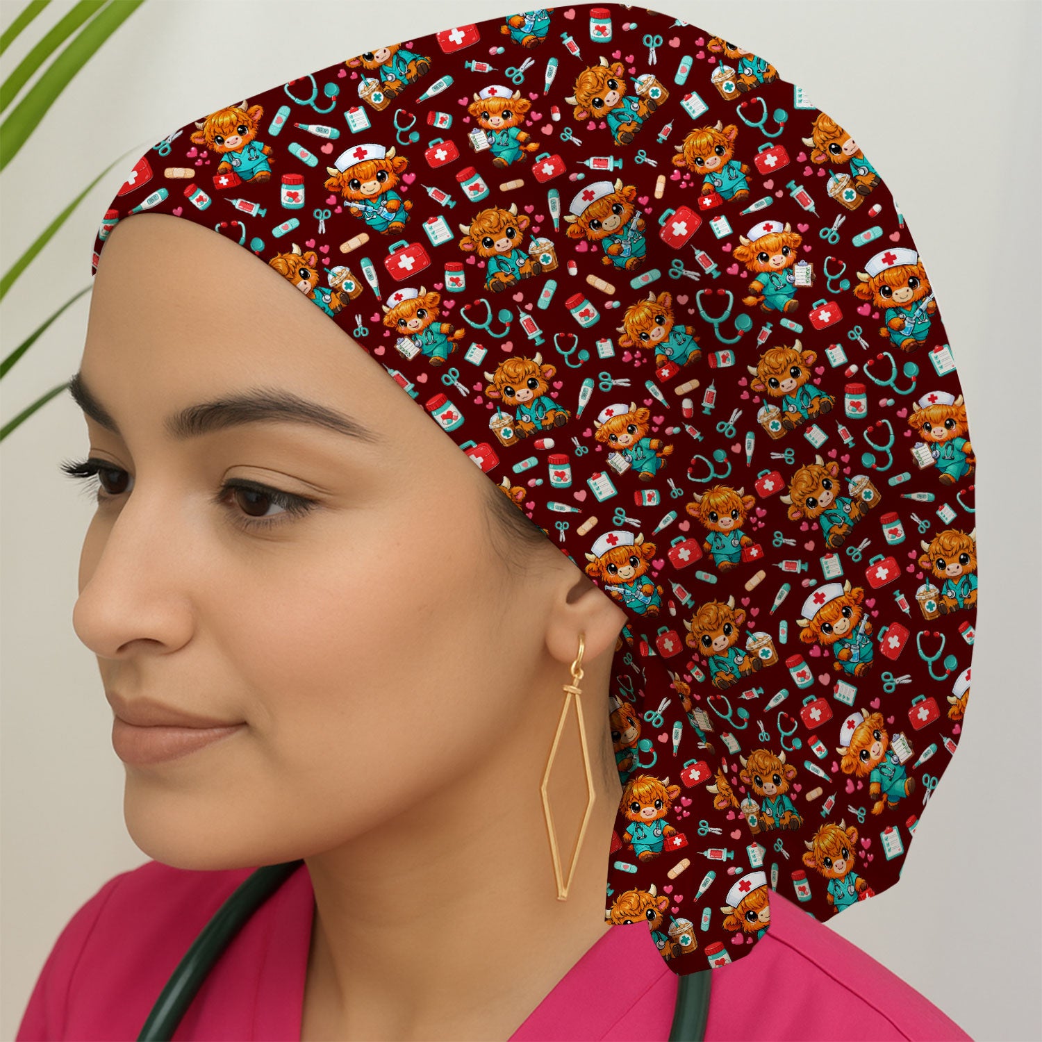 Cute Highland Cow Nurse Scrub Cap, Kawaii Medical Pattern Hat, Breathable Fabrics Nursing Uniform