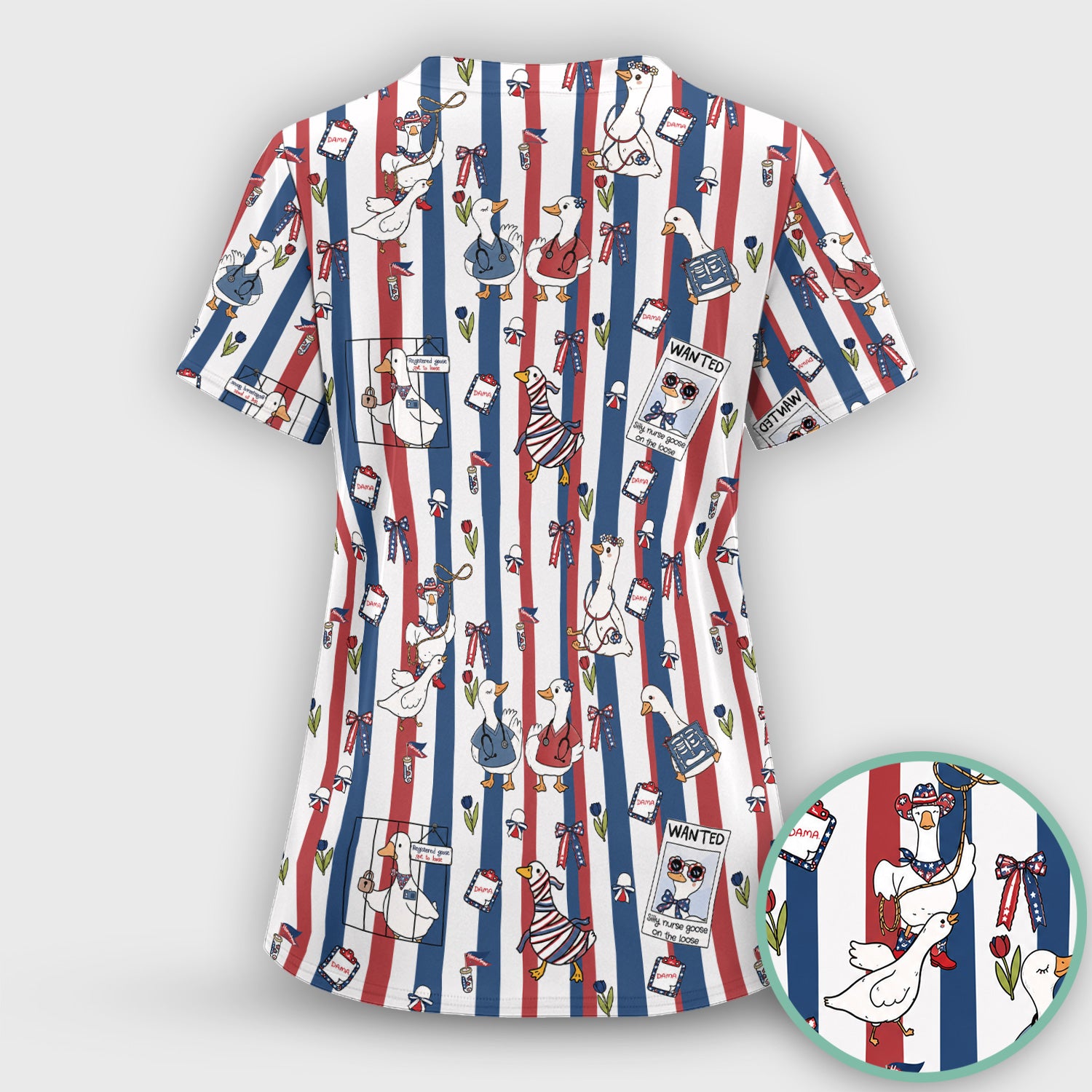 Funny Patriotic Goose Nurse Pattern Scrub Top, Comfortable Scrubs for Nurses