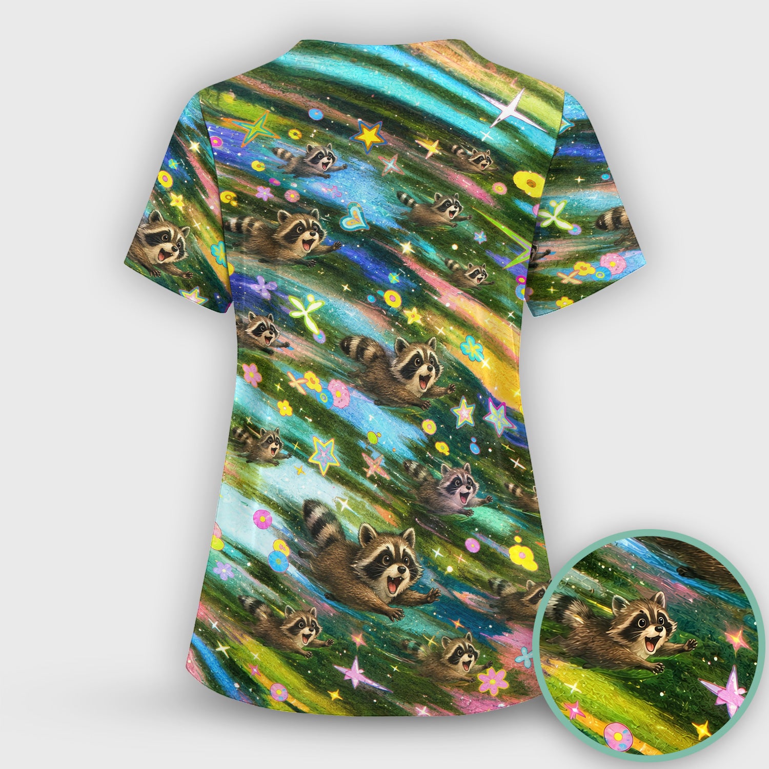 Cute Raccoon Rainbow Dash Pattern Scrub Top, Comfortable Scrubs for Nurses