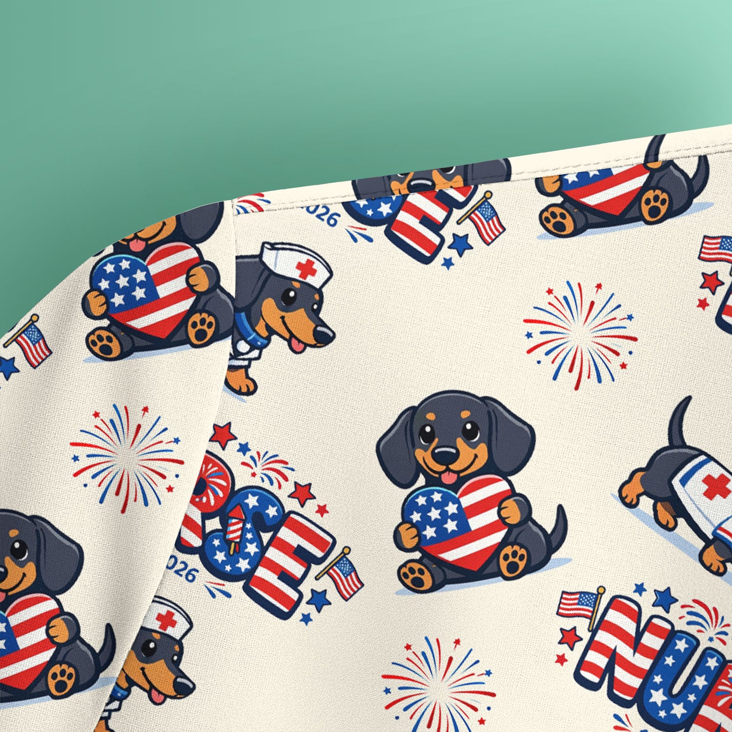 Proud Nurse Patriotic Dachshund Medical Firework Pattern Scrub Top, Comfortable Scrubs for Nurses