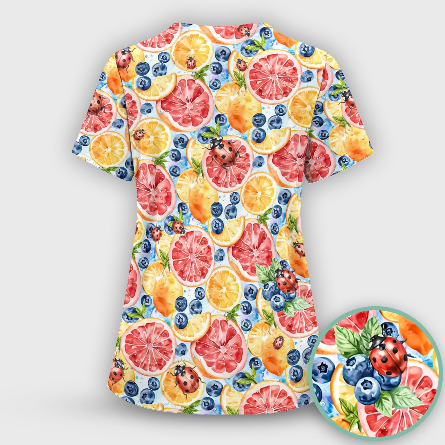 Cute Citrus Berry Ladybug Pattern Scrub Top, Comfortable Scrubs for Nurses