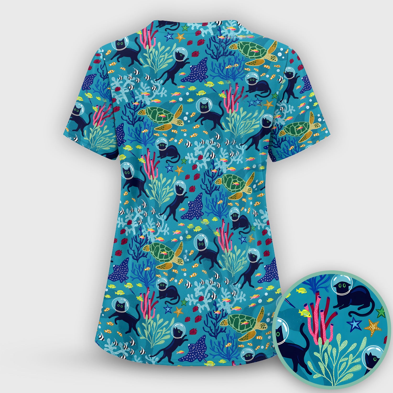 Underwater Cat Turtle Veterinary Pattern Scrub Set, Scrub Pants and V Neck Top