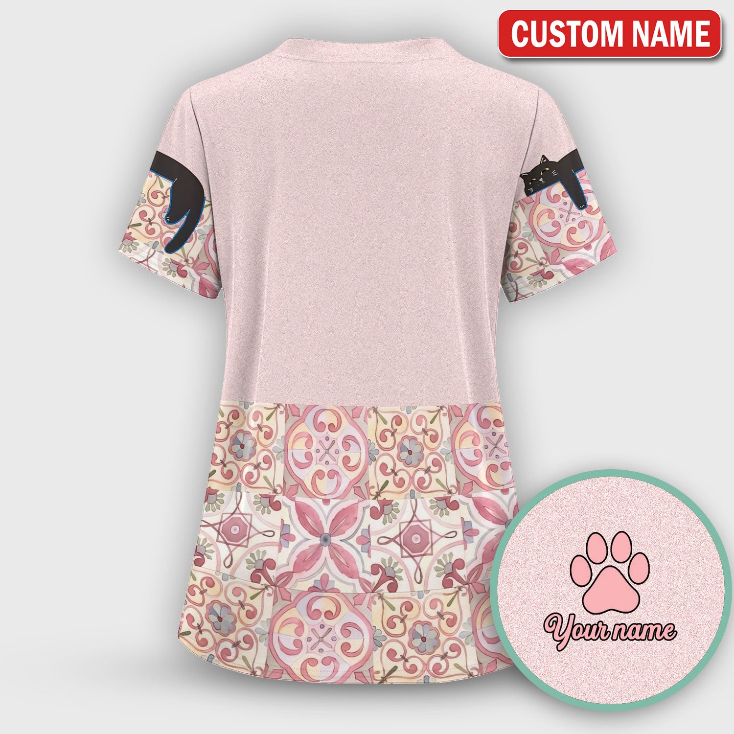 Custom Name Pink Floral Nurse Shirt, Personalized Black Cat Scrub Set For Women, Breathable Fabrics Nursing Uniform