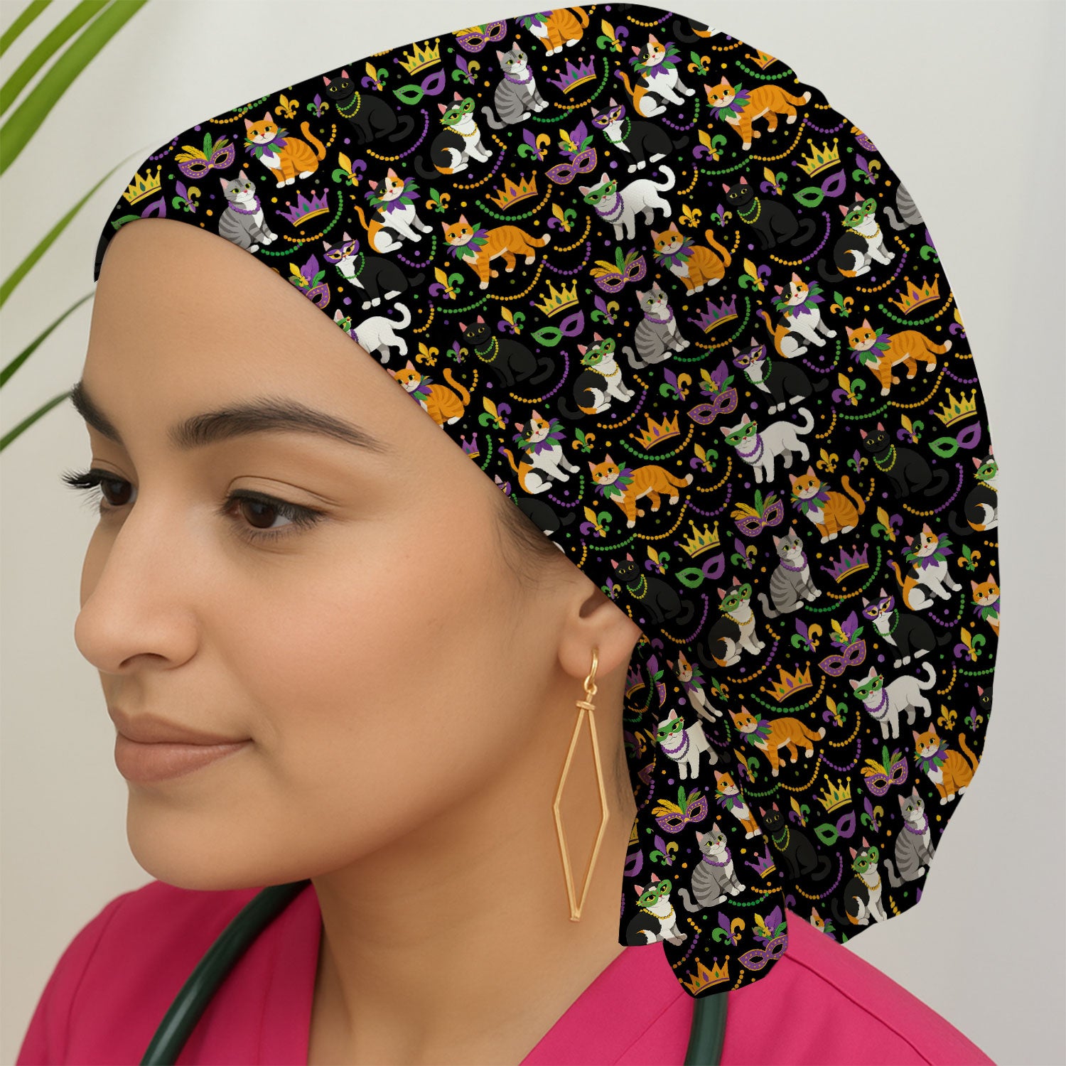 Cat Mardi Gras Nurse Scrub Cap, Comfortable Uniform Scrubs For Nursing