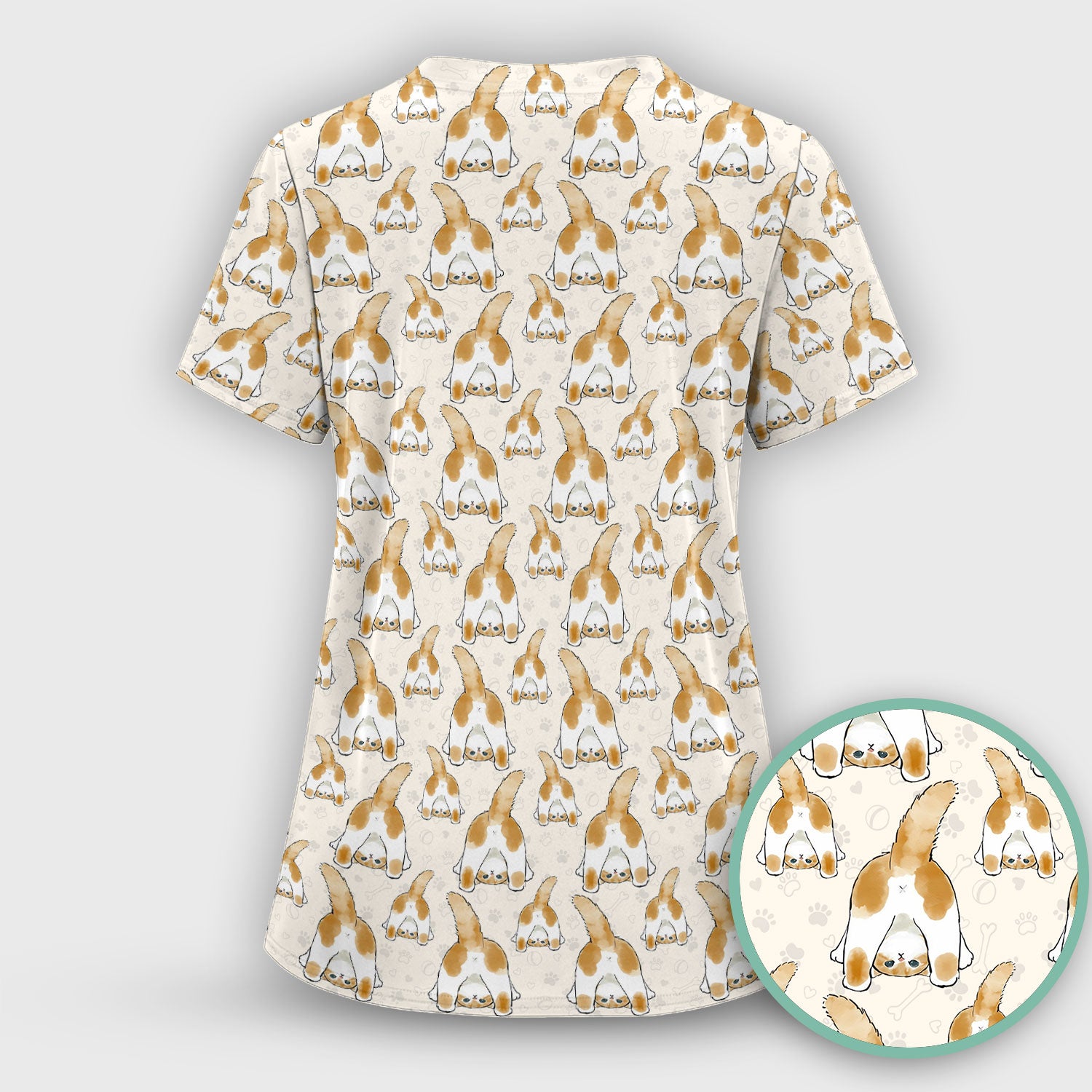 Cute Cat Butt Nurse Scrub Top, Cat Pattern Medical Shirt For Pet Lover, Breathable Fabrics Nursing Uniform