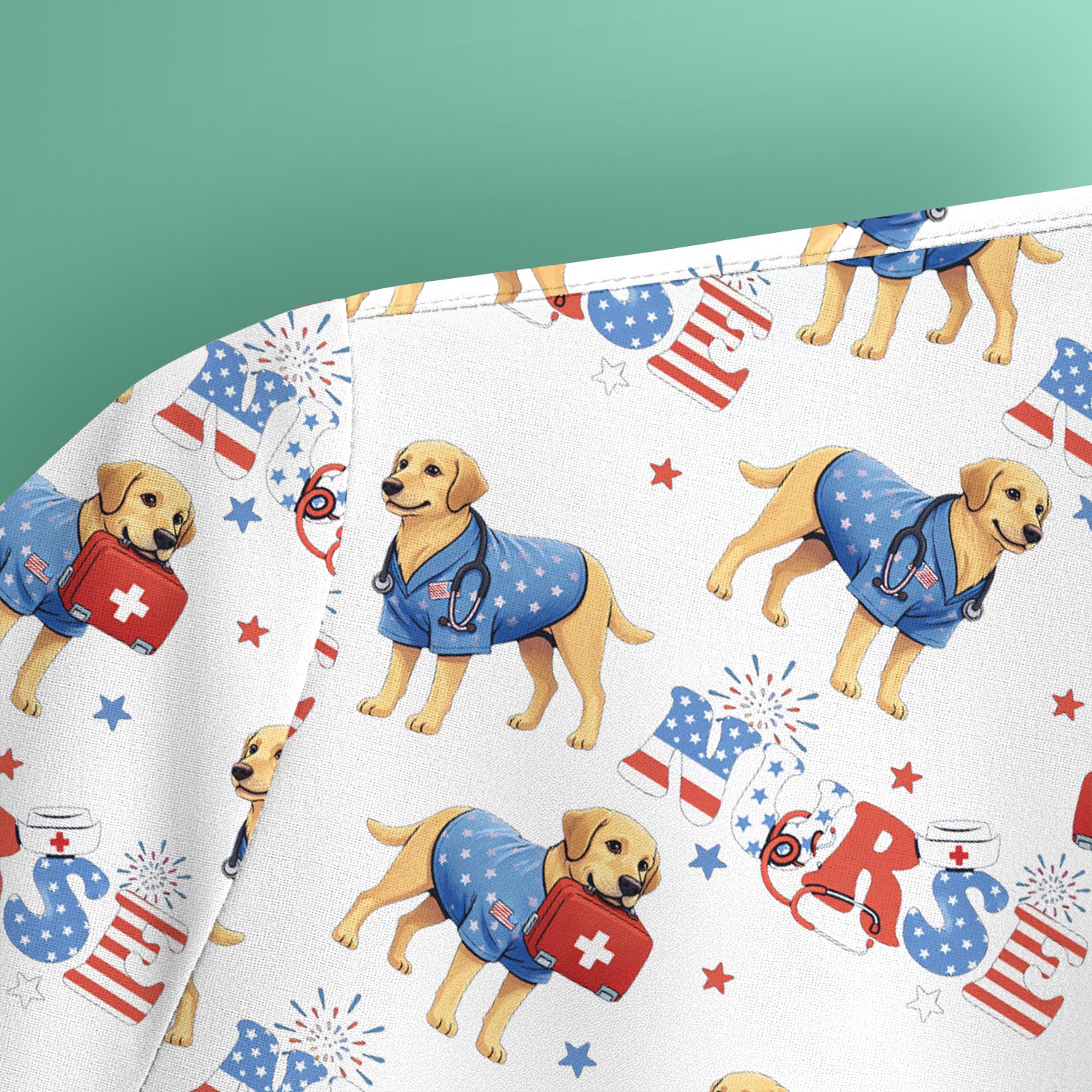 Patriotic Nurse Dog Medical Pattern Scrub Top, Breathable Fabrics Nursing Uniform
