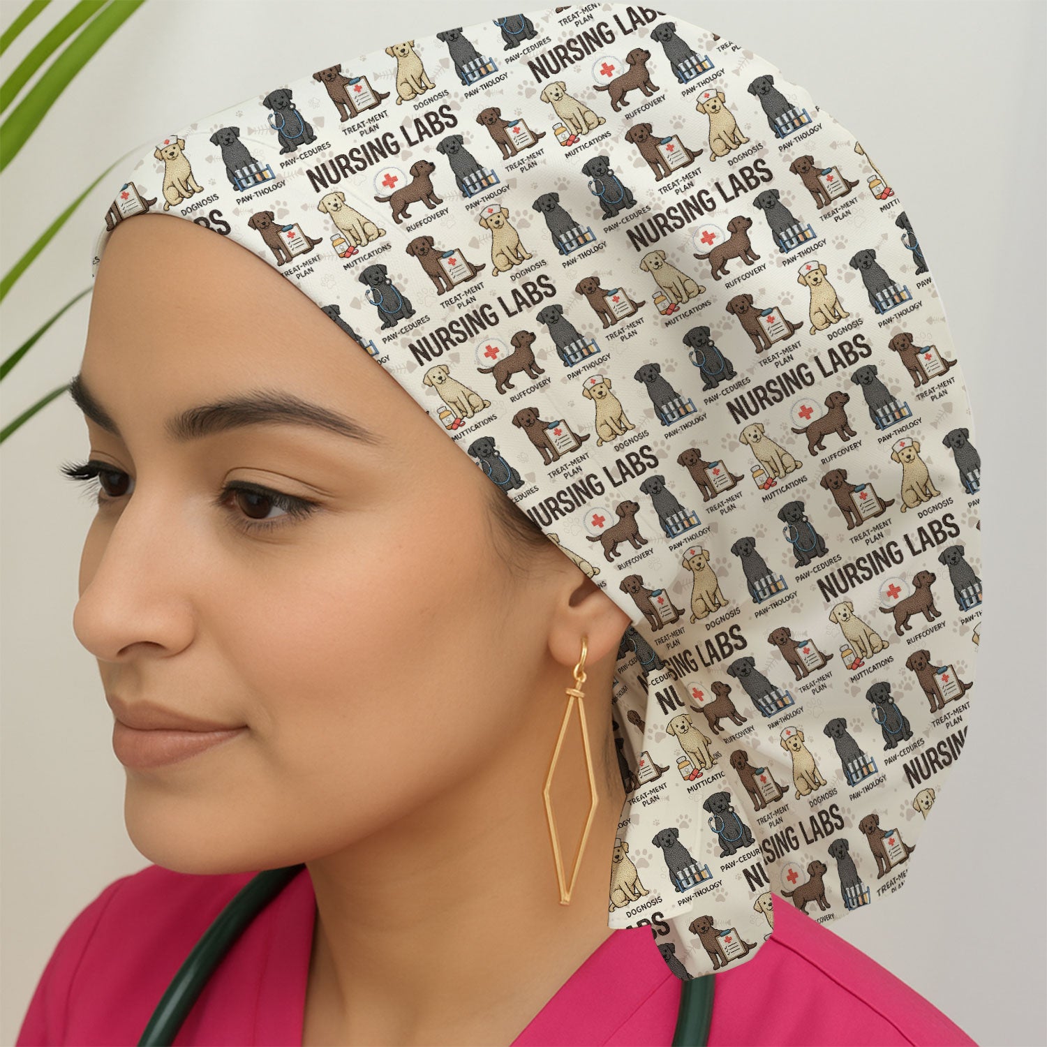 Playful Nursing Labs Dog Pattern Cap, Bouffant Scrub Caps for Women