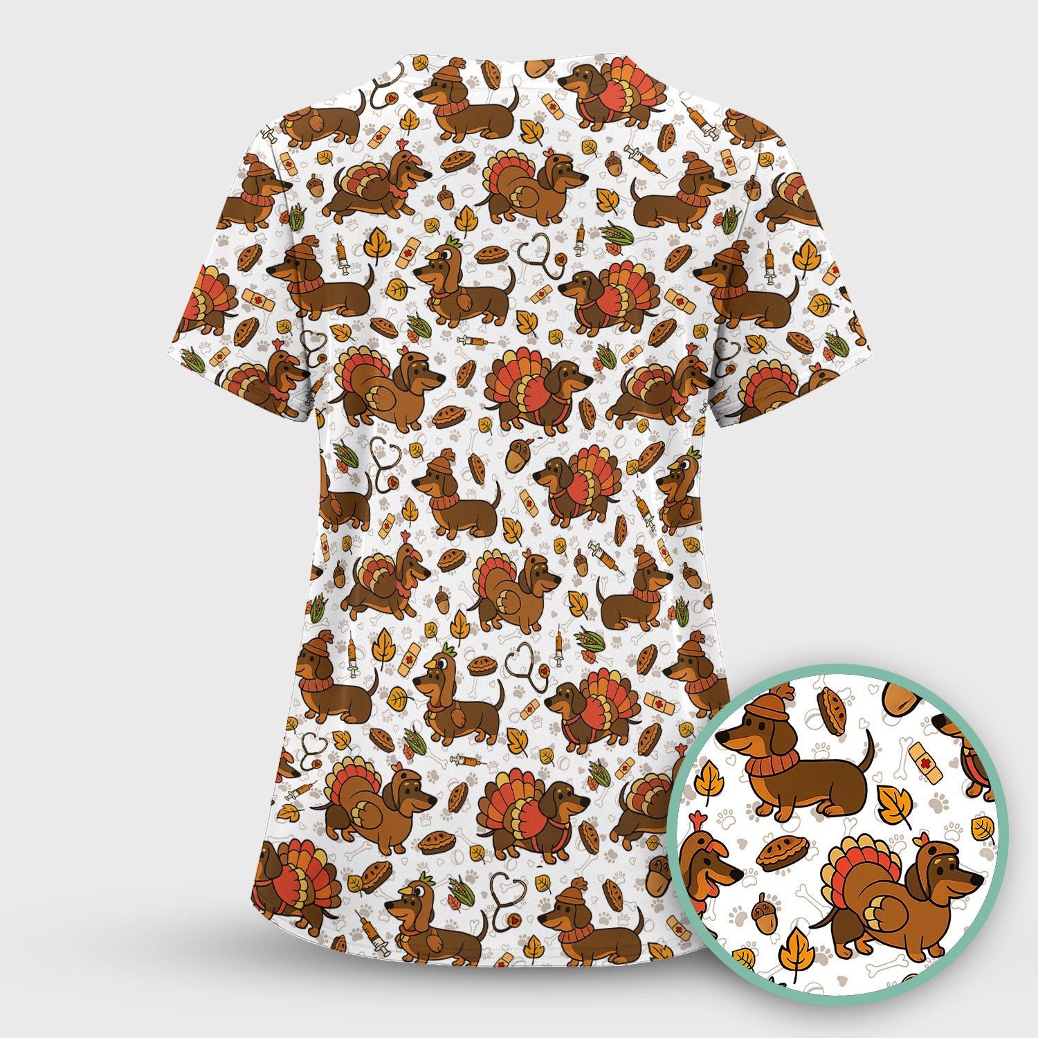 Thanksgiving Dachshund Scrubs Top - Cute Dog Turkey Medical Uniform Shirt for Nurses - Funny Holiday Gift
