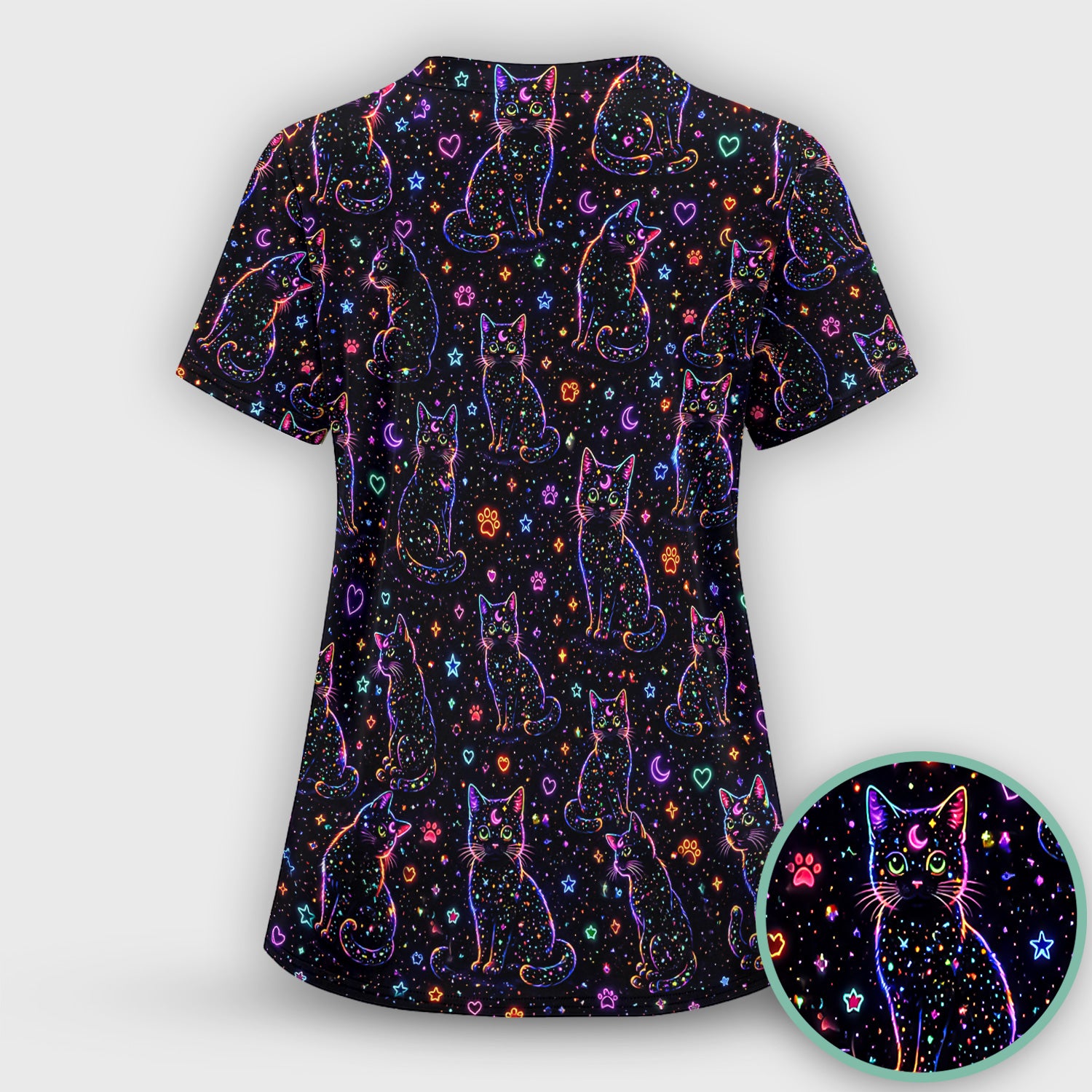 Mystical Cosmic Moon Cat Pattern Scrub Set, Scrub Pants and V Neck Top