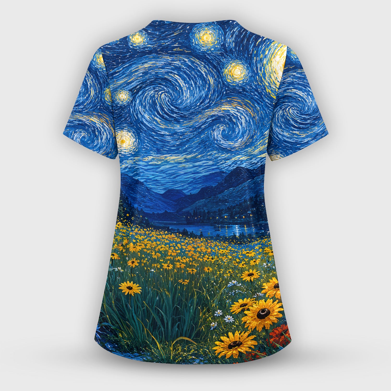 Starry Cat Night Veterinary Nurse Pattern Scrub Set, Scrub Pants and V Neck Top