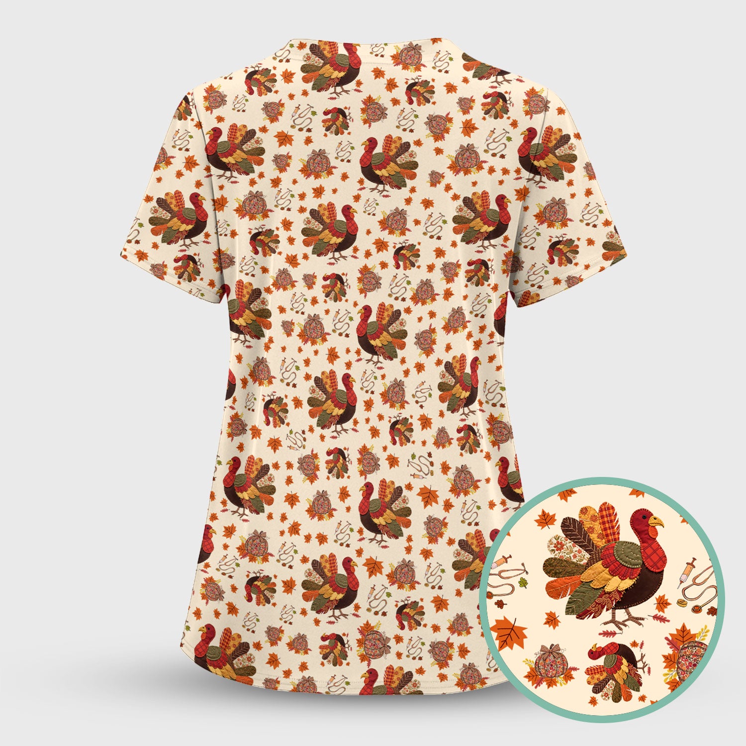 Thanksgiving Turkey Nurse Scrub Top for Women - Fall Leaves Pattern Shirts - Autumn Nursing Uniform Gift for RN LPN CNA